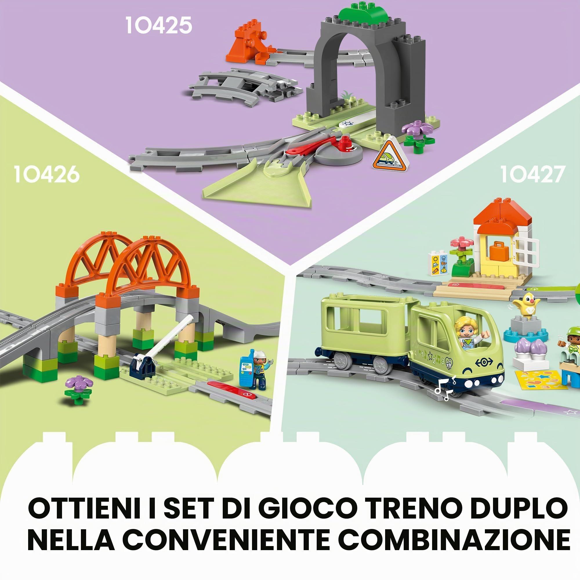 Lego DUPLO - Set di 3 ferroviari con treno DUPLO elettrico, Lego DUPLO ponte ferroviario, tunnel ferroviario e binari ferroviari (10425, 10426 e 10427), a partire da 2 anni di ferrovia