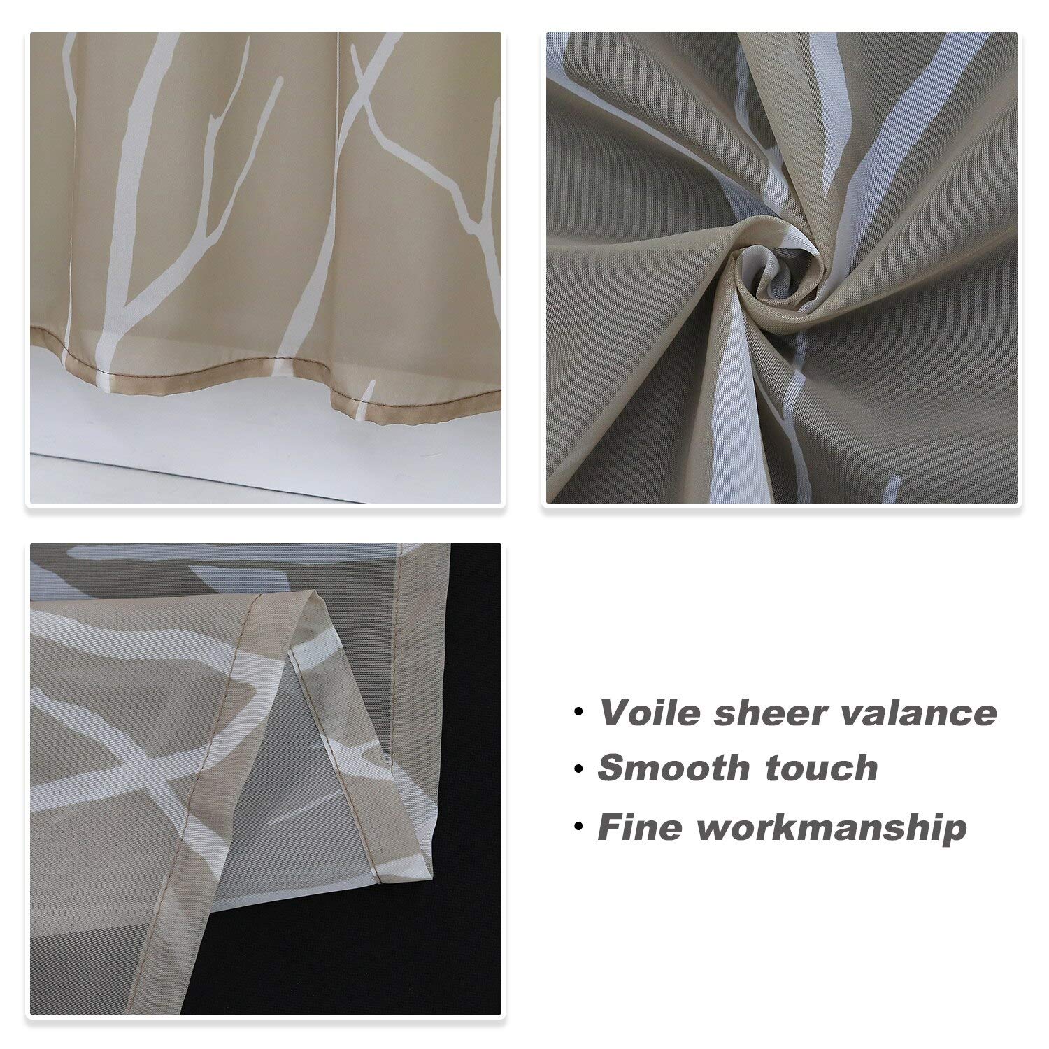 Yujiao Mao Voile Sheer Window Valance Branch Pattern Half Window Curtain Tab Top Cafe Curtain for Kitchen Bathroom Living Room,1pc (Sand,W35 x L23 inch)