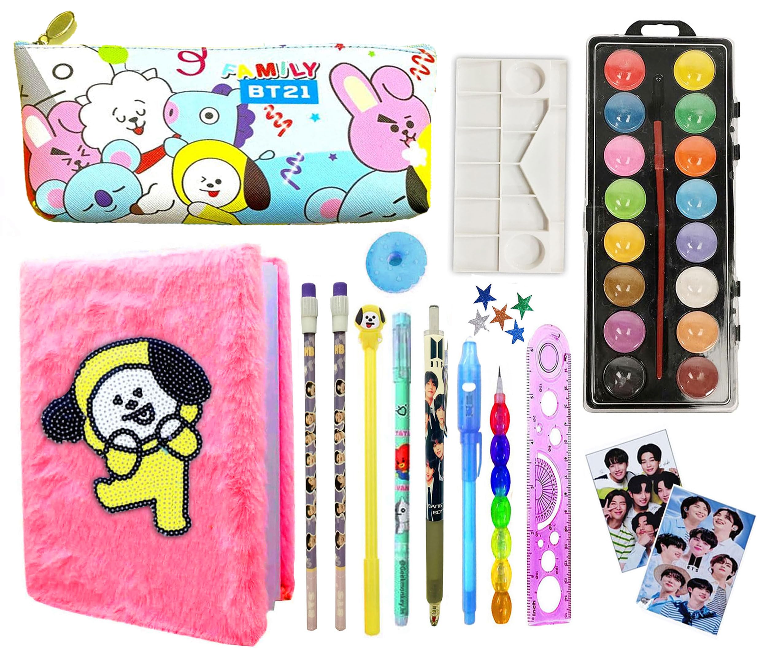 BTS Theme School Stationery Set for Kids, BTS A5 Size Fur Diary with Bt-21 Pencil Pouch Color with All BTS Stationery, Birthday Gift School Stationery Party Favor Return Gift Set (Style 1)