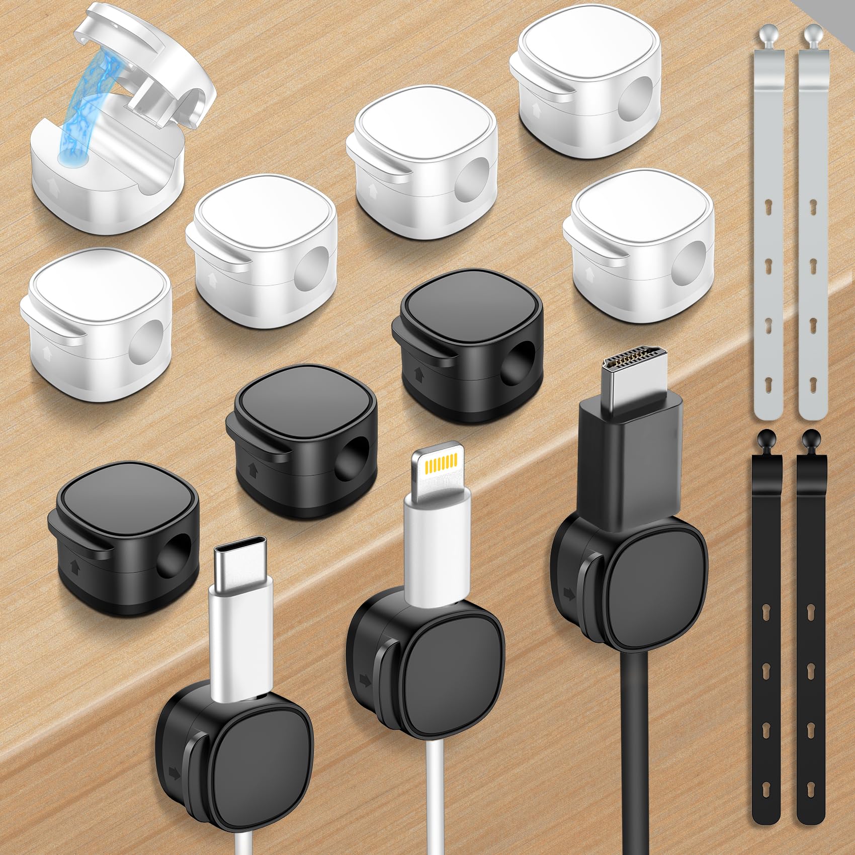 Clips magnéticos para cables y bridas de silicona, soporte para cables [organizador de escritorio ajustable suave para cables], gestión de cables debajo del escritorio, juegos de cables adhesivos para