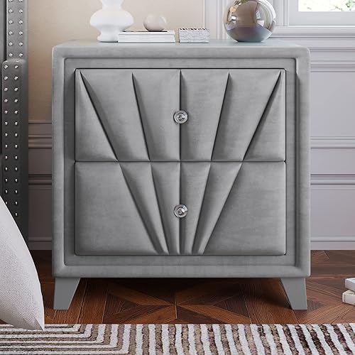 Miniatura 1 de NewCosmos Mesita de noche tapizada de terciopelo contemporáneo con dos cajones madera maciza gris gris