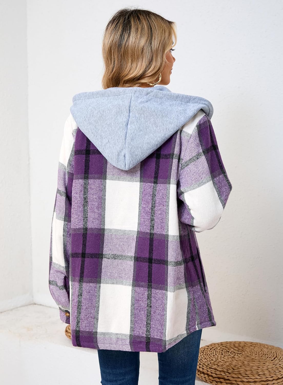 Women's Plaid Flannel Plaid Shacket Button Up Hooded Long Sleeve Fleece Jacket Winter Coat with Side Pockets - Image 3