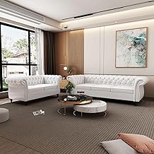 3+2=5 Modern Classic Leatherette Seater Chesterfield Sofa Engineered Wood Button Tufted Five Seater Sofa Set Luxury for Home Living Room, Hallway & Office(White L Leatherette)