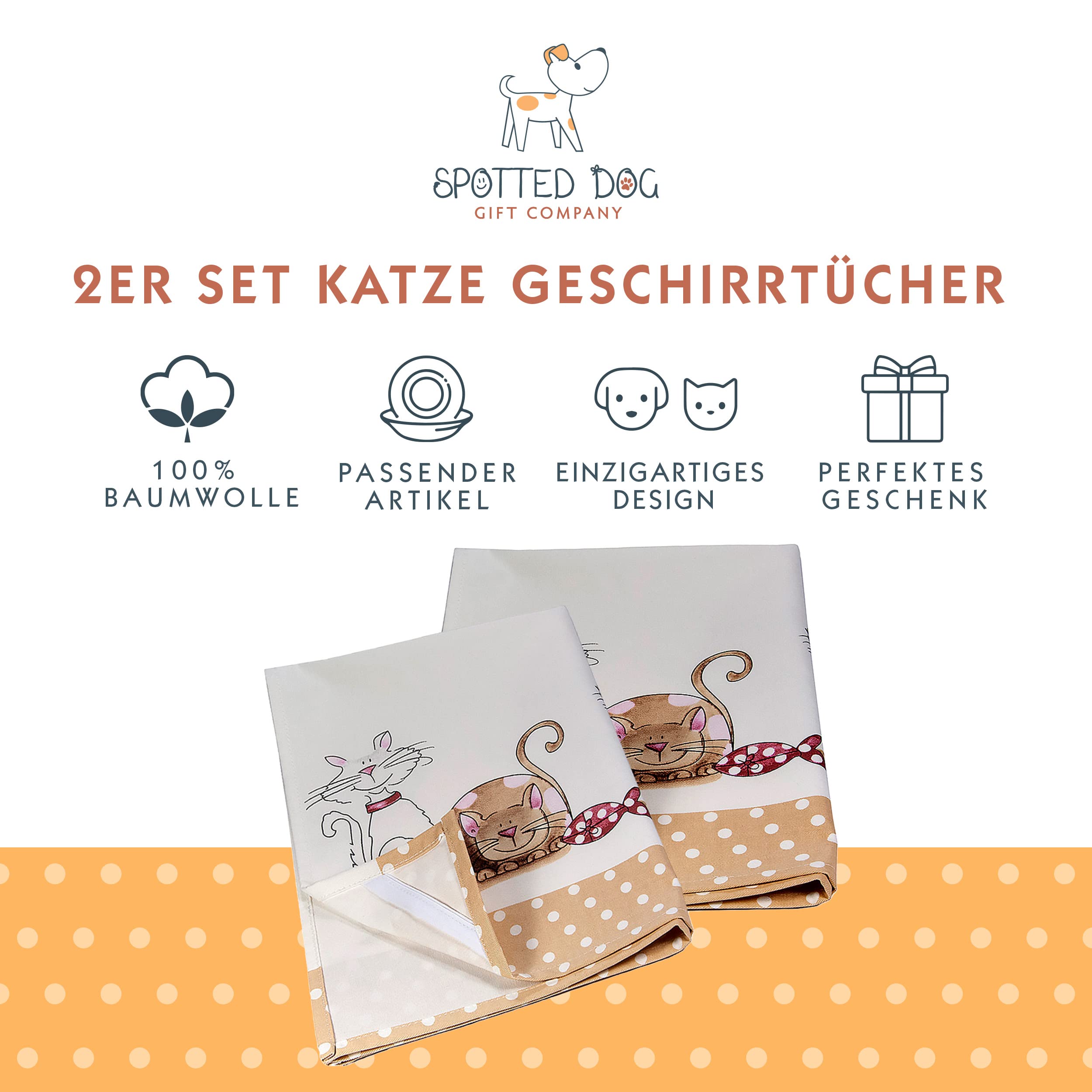 SPOTTED DOG GIFT COMPANY - 2er Set Geschirrtücher Küchentücher Trockentücher Küche aus 100% Baumwolle 50 x 70 cm, niedliches Katzen-Motiv Katze Geschenk für Katzenliebhaber und Köche