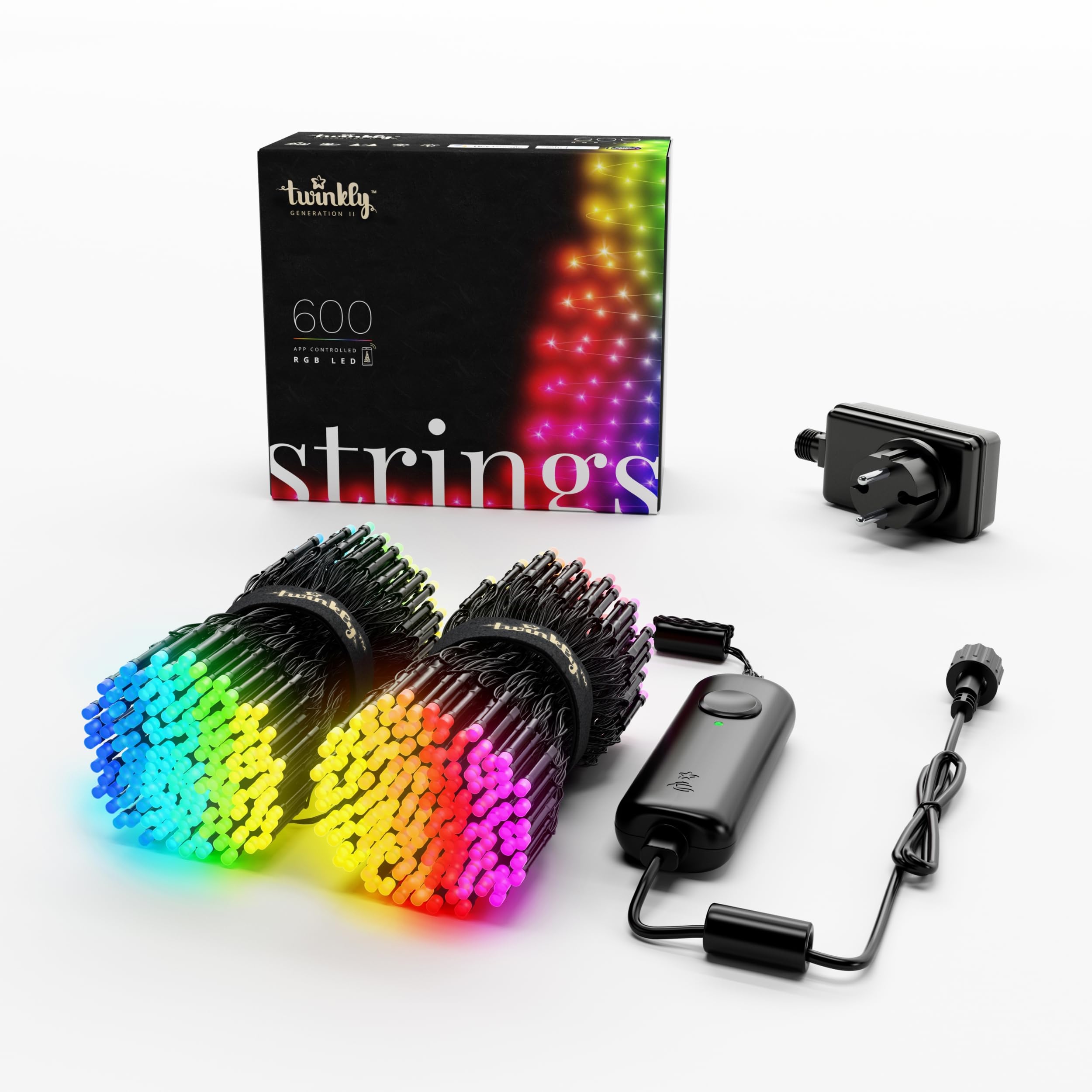 Twinkly Strings 600 LED RGB, Striscia di Luci LED per Esterno e Interno, Luci Natale Smart Multicolore, Compatibile con Alexa e Google Home, Luci Mappabili, IP44, Controllo App, Filo Nero, 48m