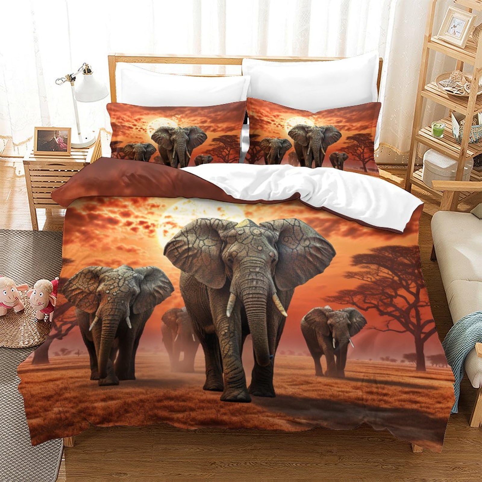 Housse de couette éléphants 3D hypoallergénique facile à enfiler avec fermeture éclair