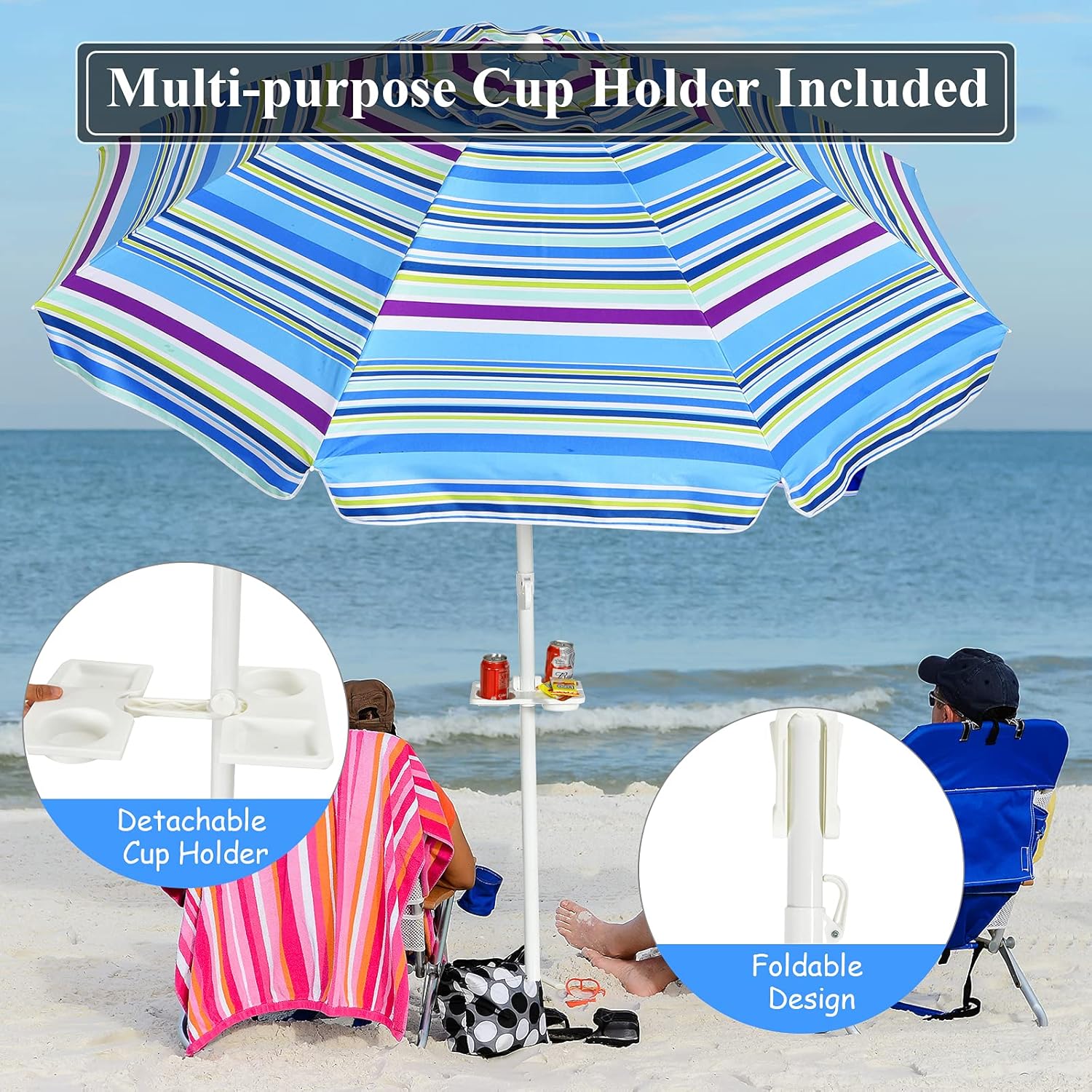 Tangkula 7.2 FT Beach Umbrella, Portable Outdoor Umbrella with Sand Anchor, Adjustable Tilt, Steel Pole, Carrying Bag, Outdoor Sunshade Shelter with Cup Holder for Beach, Poolside (Blue)