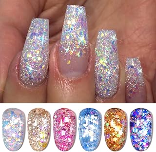 Glitter Sequins Gel Nail Polish, Sparkle Shiny Gel Polish, Pink Blue Gold Platinum Holiday Gift Gel Polish Design, Nail Art Starter Manicure Salon DIY at Home 7ML 6PCS