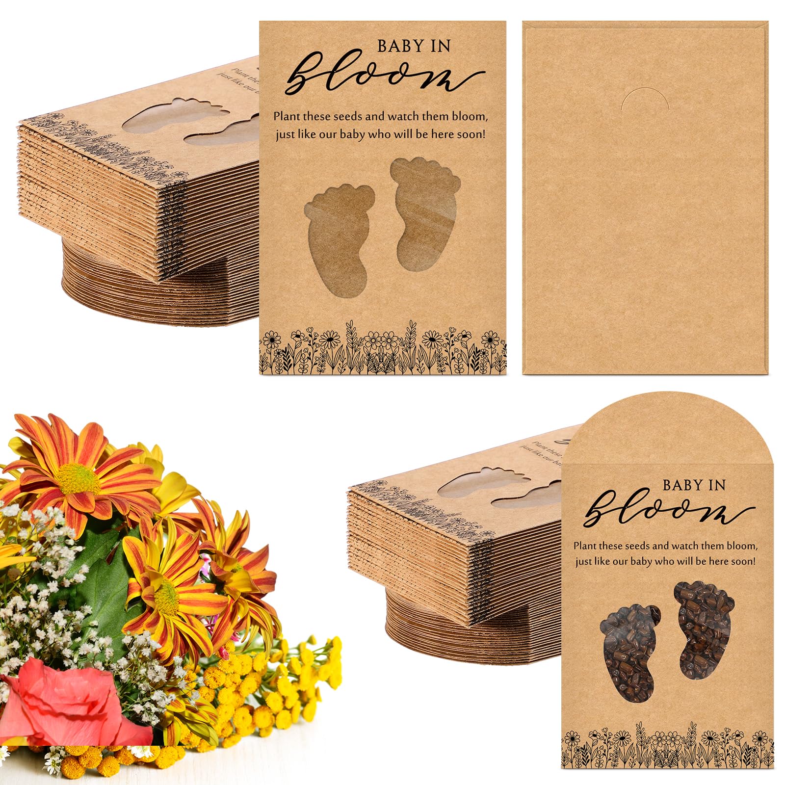 Fumete 50 Pack Baby in Bloom Seed Packets Baby Shower Party Favor for Guest Envelopes Kraft with Clear Window Resealable Seed Organizer Storage Bag for Gender Reveal Party, No Seeds(Footprints)