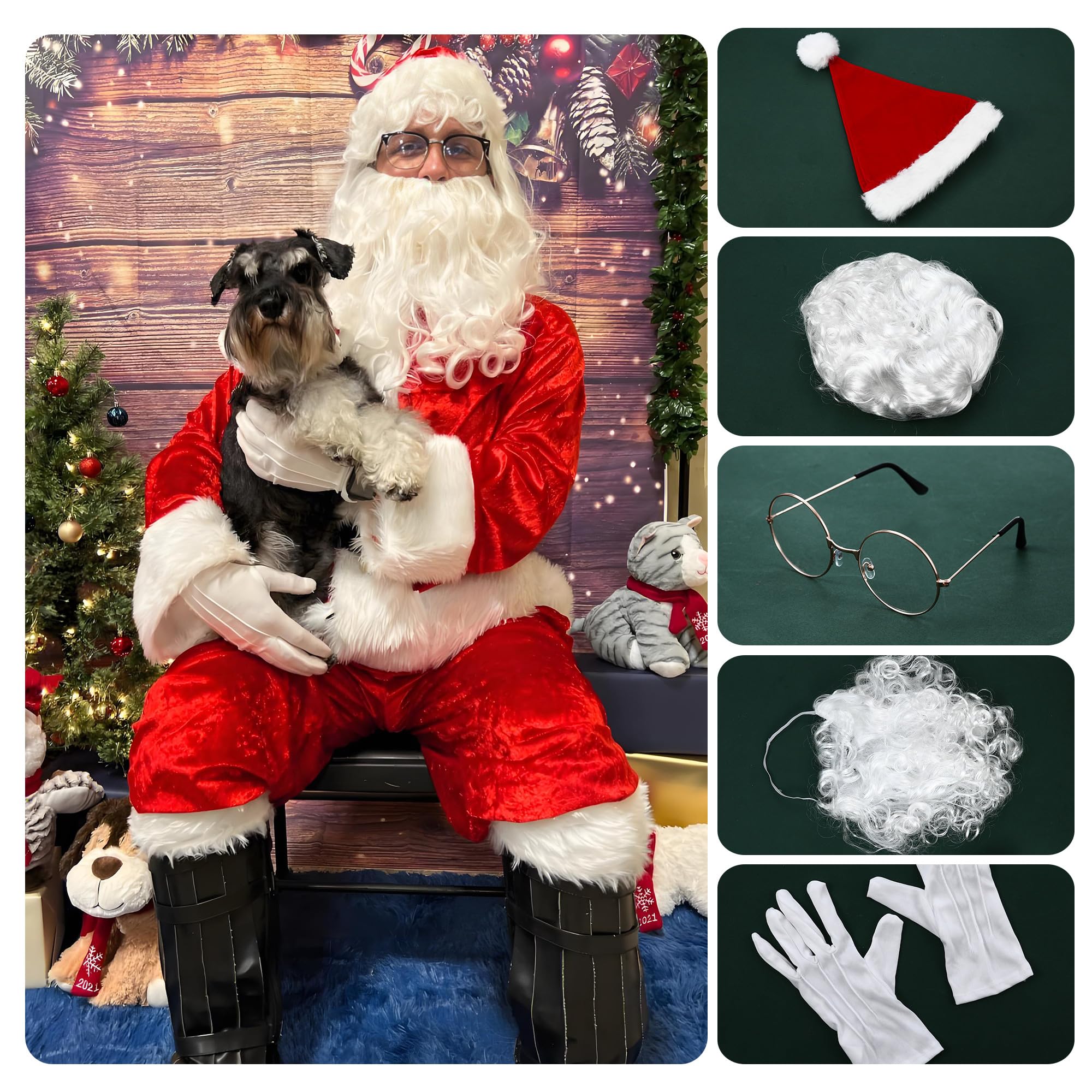 weihnachtsmann kostüm, weihnachtsmann bart und perücke,weihnachtsmann mütze, brille, Fäustling für Weihnachten, Kostüm für Nikolaus, Weihnachtsfeier Weihnachtszubehör,6 Stück