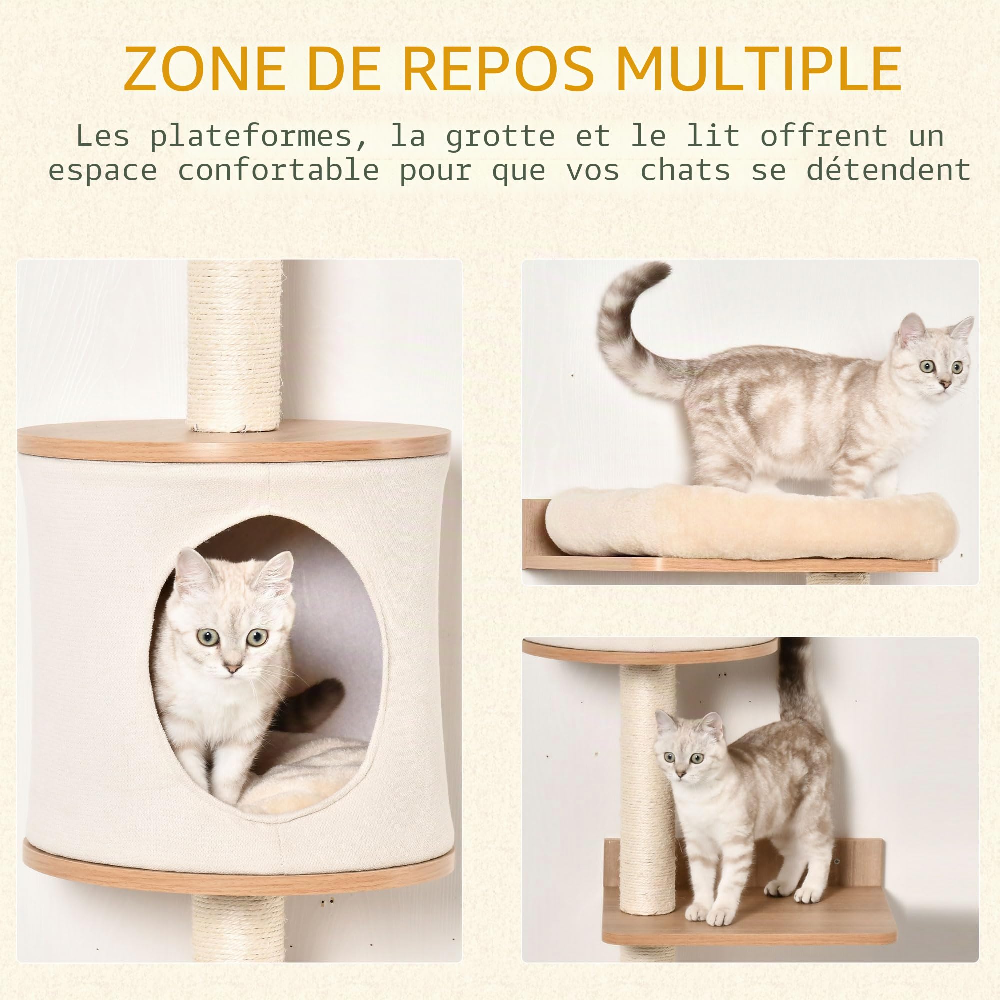 PawHut Arbre à Chat Mural 38x30x149 cm Tour lit Grotte Beige chêne
