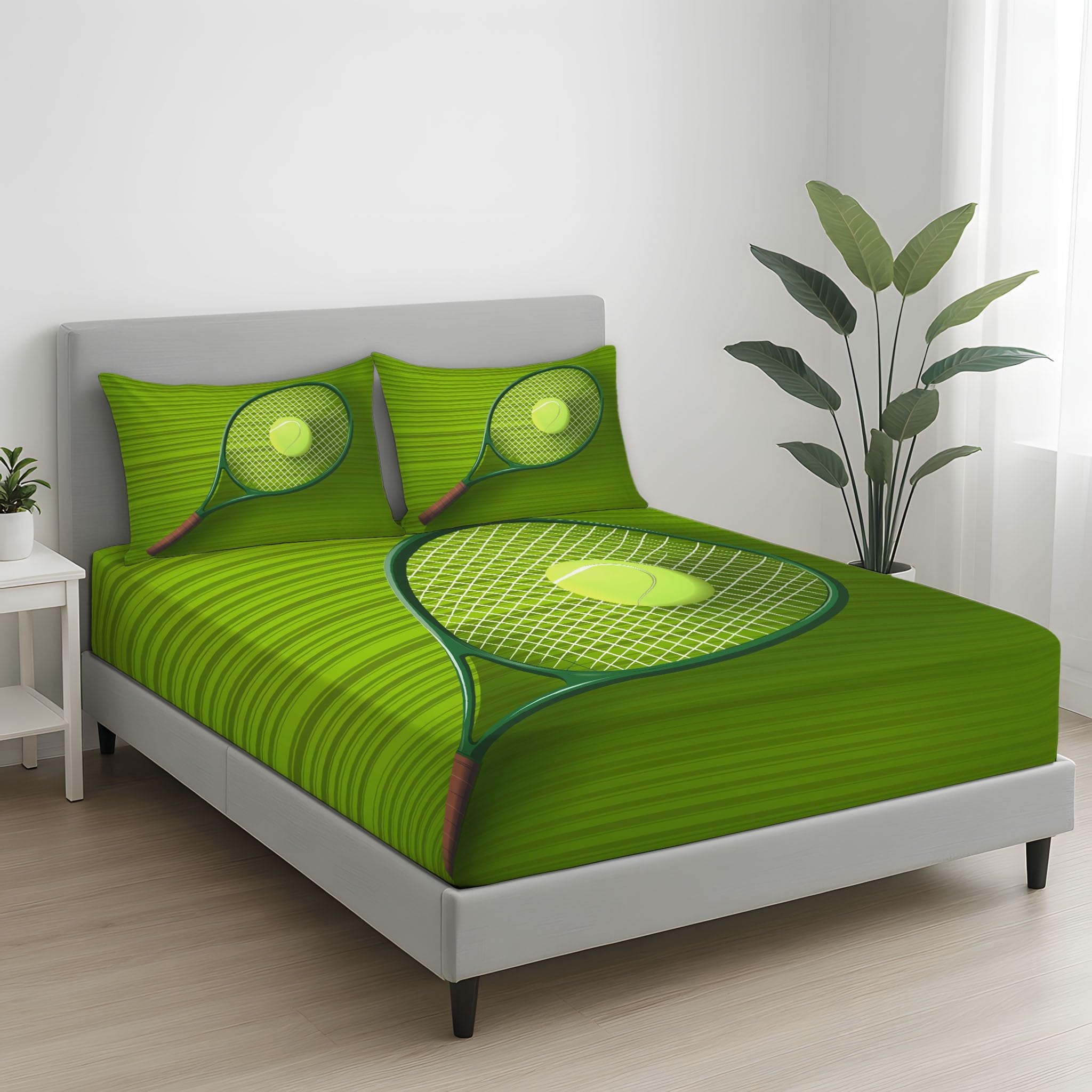 King Fitted Sheets - Bed Sheets Breathable Microfibre Bedding Sets 160 x 200 cm, Sports Grass Tennis Rackets Balls Green Stripes, Hyper-Realistic Retro Vitality, Sports Enthusiasts Teenagers