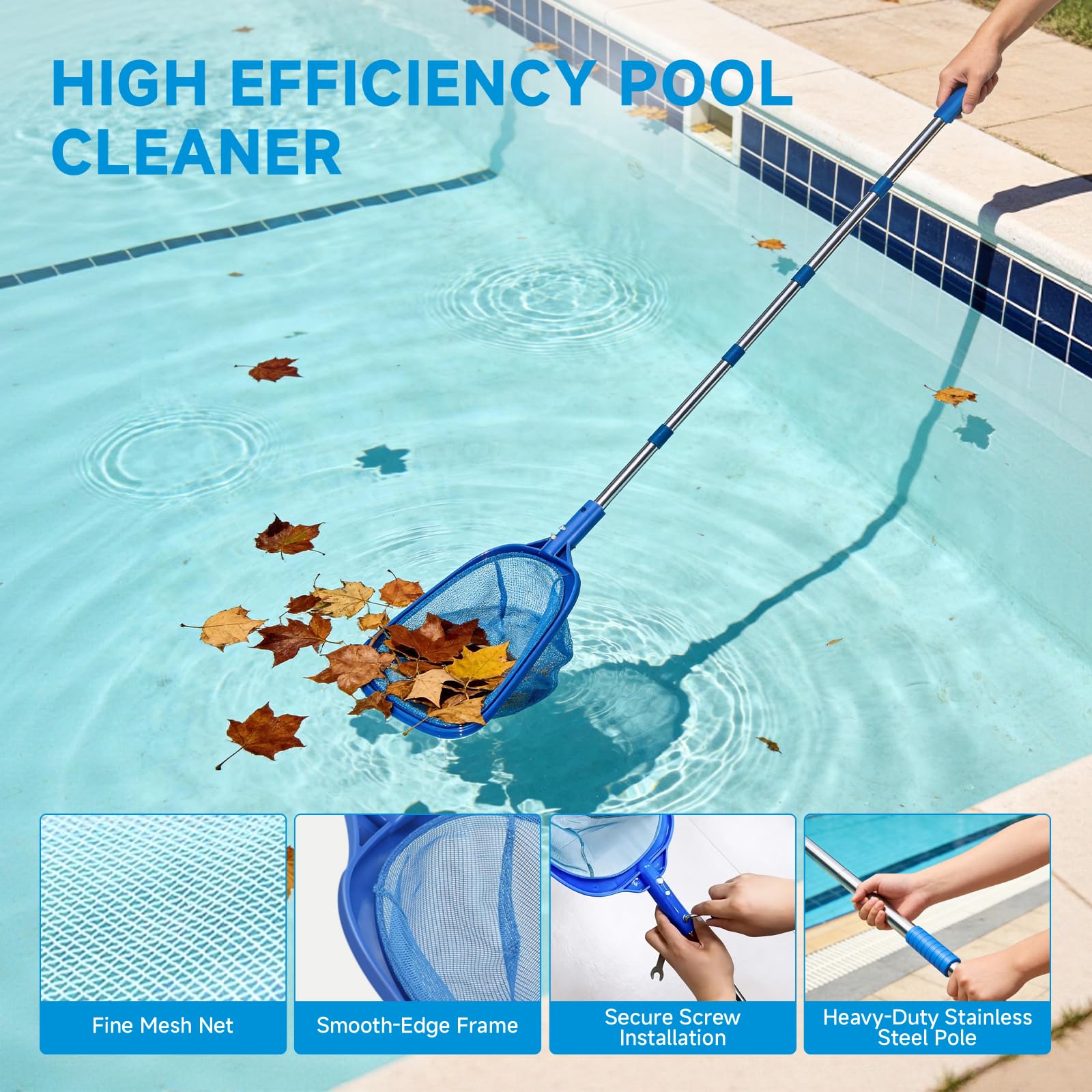 Recogehojas Piscinas 185cm, Limpiafondos Piscina con Varilla Telescópica, Swimming Pool Accessories, Viene con Cepillo Limpieza, Toalla, para Piscinas, Estanques, Parques Acuáticos