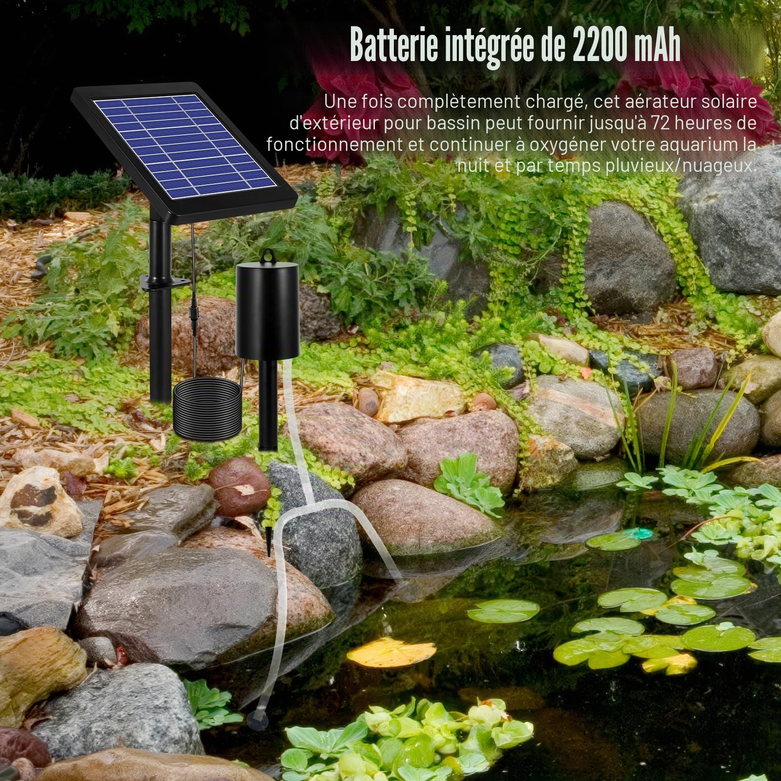 Aérateur de bassin solaire avec 2 pierres à bulles d'air, kit de pompe à air étanche IP64, pompe à oxygène solaire multifonctionnelle portable, 3 modes d'oxygène, 35 dB silencieux, pour jardin