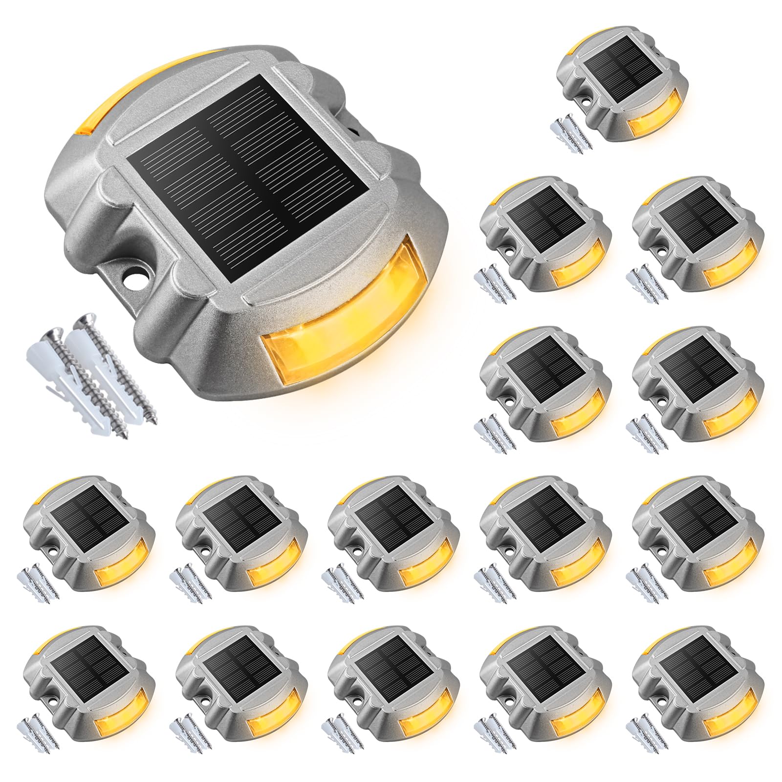 VOLISUNSolar Deck Lights, 16-Pack Led IP67 Waterproof Outdoor Warning Step Lights for Driveway, Sidewalk, Garden Pathway, Yard (Warm White)