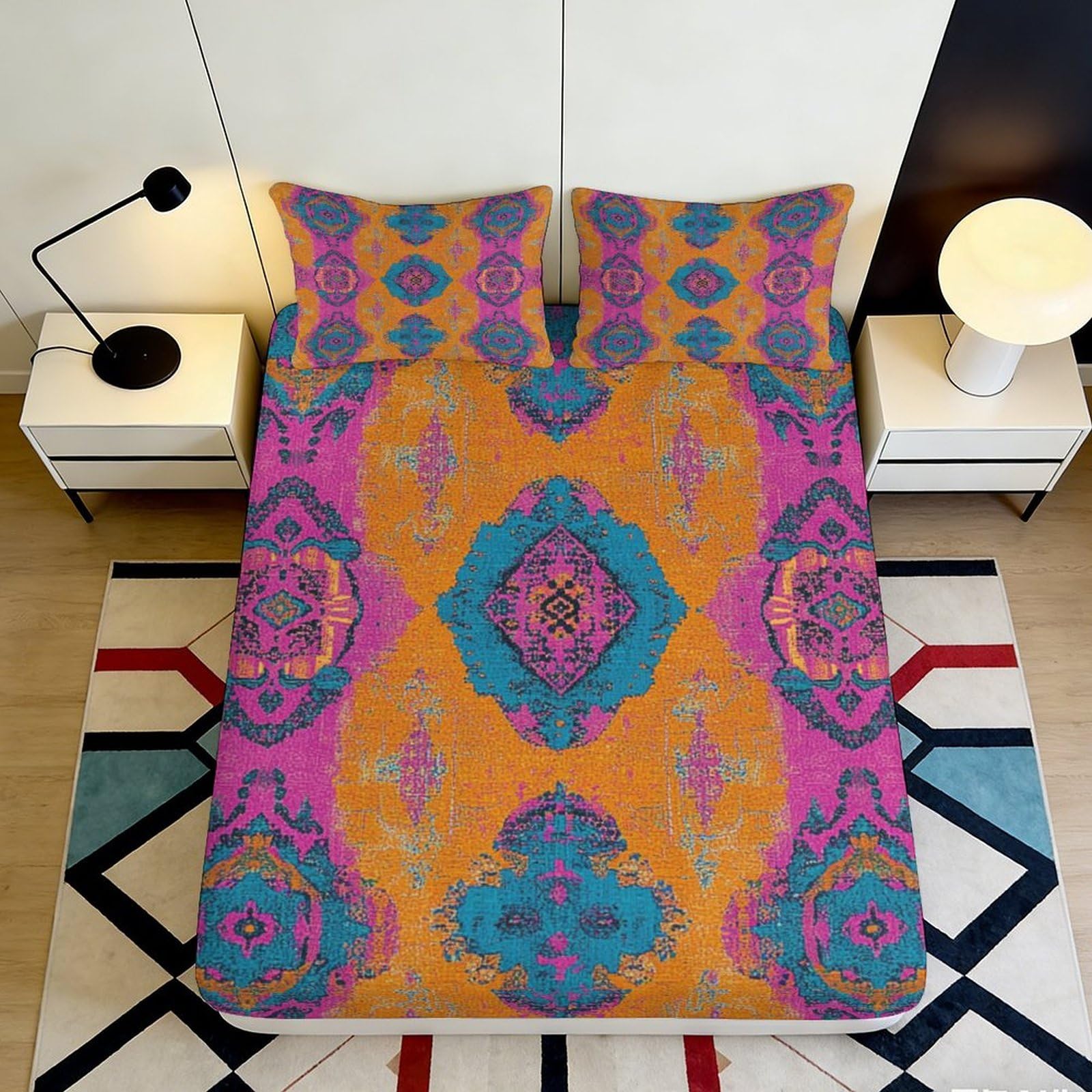 Dhbaneiok Style-7 3D Printed Boho Mandala Fitted Sheet Microfiber Vibrant Geometric Pattern Mattress Cover For Bedroom Guestroom Decor Easy Care 90X200x25cm