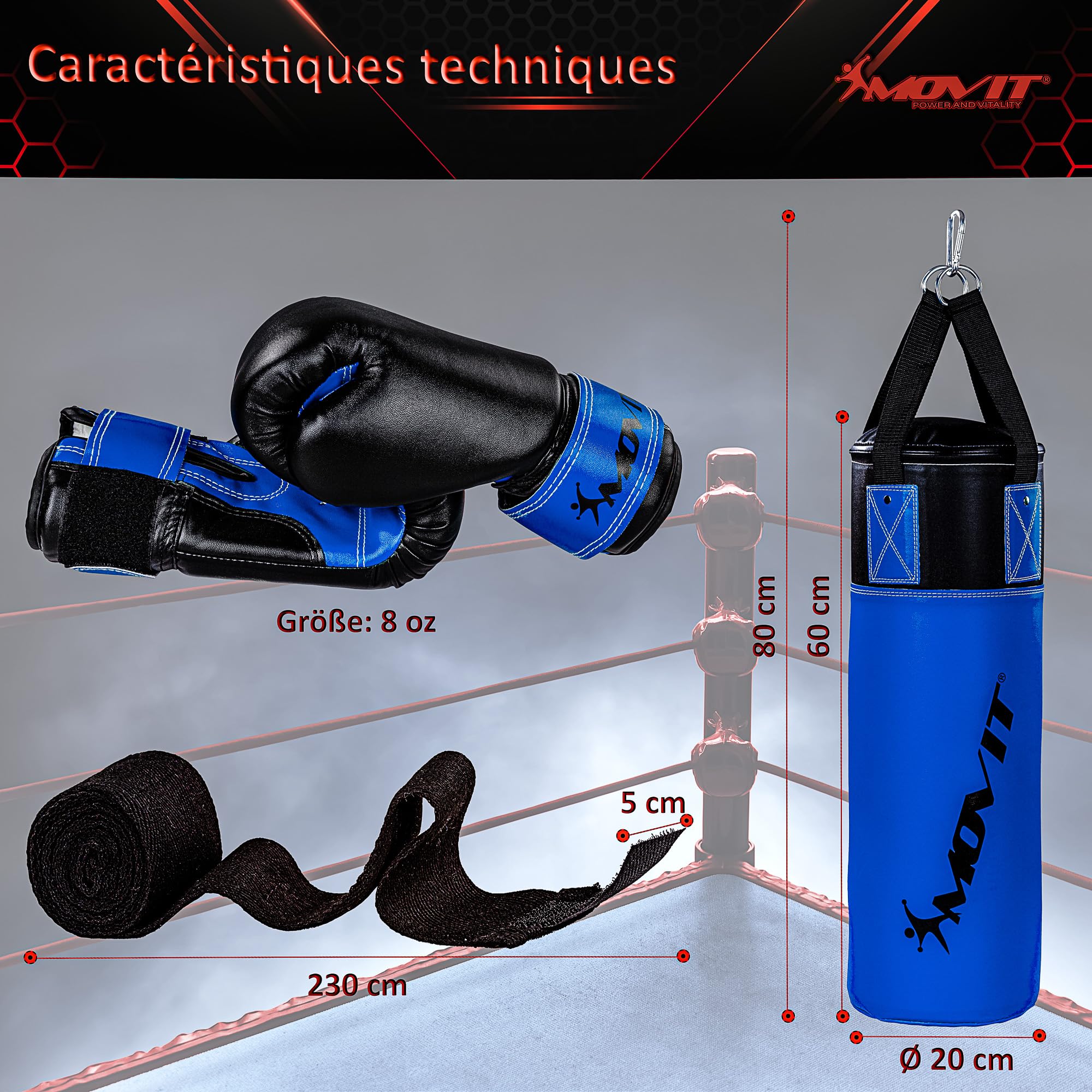 MOVIT Set de Sac de Boxe 5,5kg, rempli, y Compris Sac de Boxe, (Hauteur 60cm x diamètre 20cm), Gants de Boxe 8 oz, Bandages de Boxe et Sac, pour Enfants et Adolescents, Boxing Boxing, Rouge ou Bleu