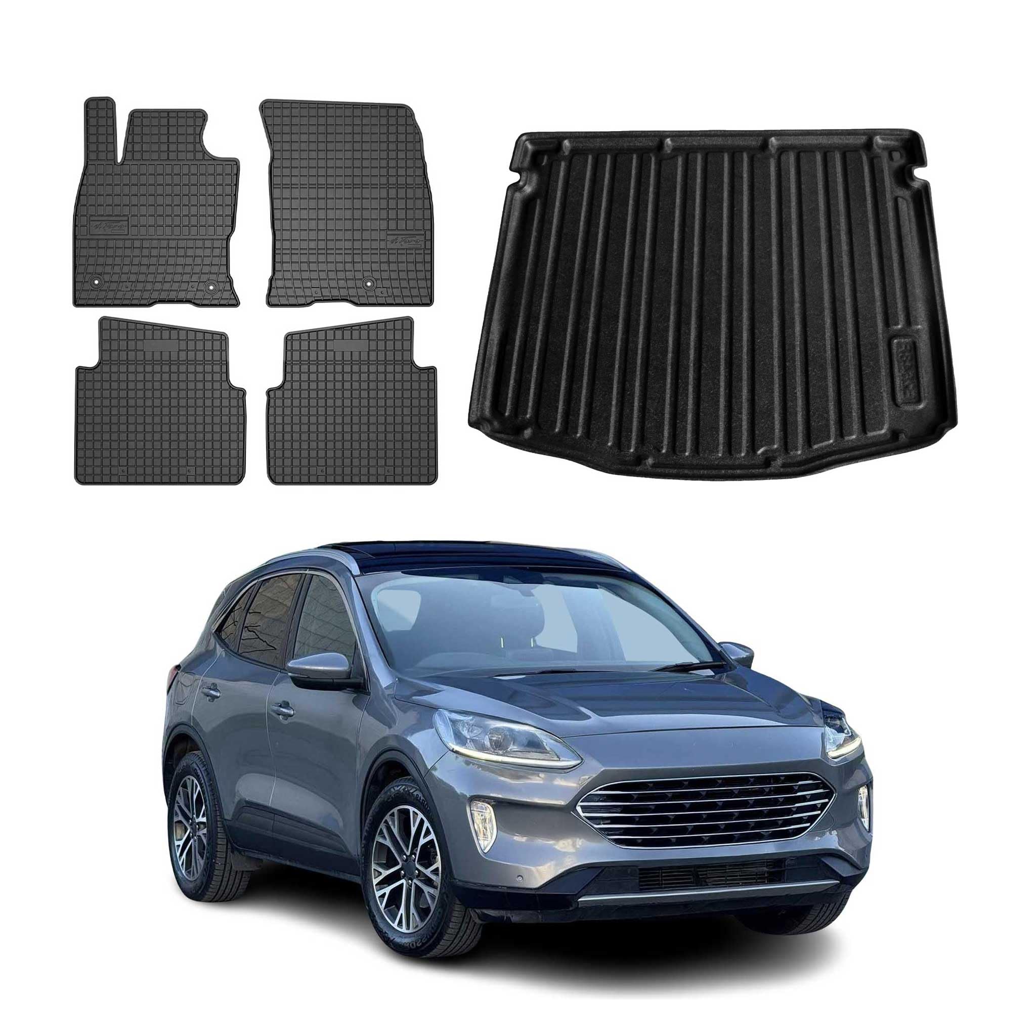 OMAC Fußmatten & Kofferraumwanne Set kompatibel mit Ford Kuga III 2019-2026 Gummi TPE Schwarz 5X