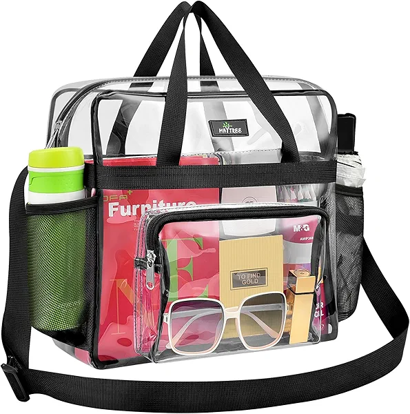MAY TREE Clear Bag for Stadium Events 12×6×12 Clear Tote Lunch Bag with Reinforced Strap for Work, Concert and Sports, Black