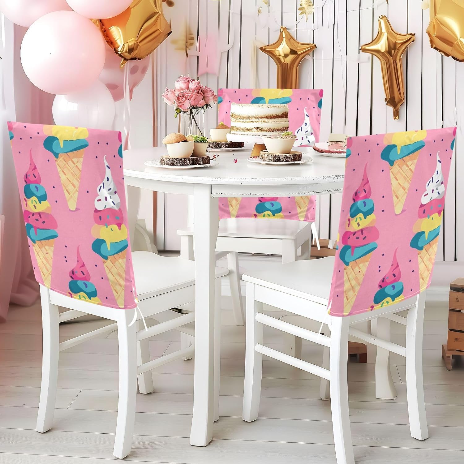 ALAZA Ice Cream on Pink Background Chair Back Cover Set of 6, Washable Reusable Removable Chair Slipcovers Decorative Chair Cover for Home Kitchen Wedding Party