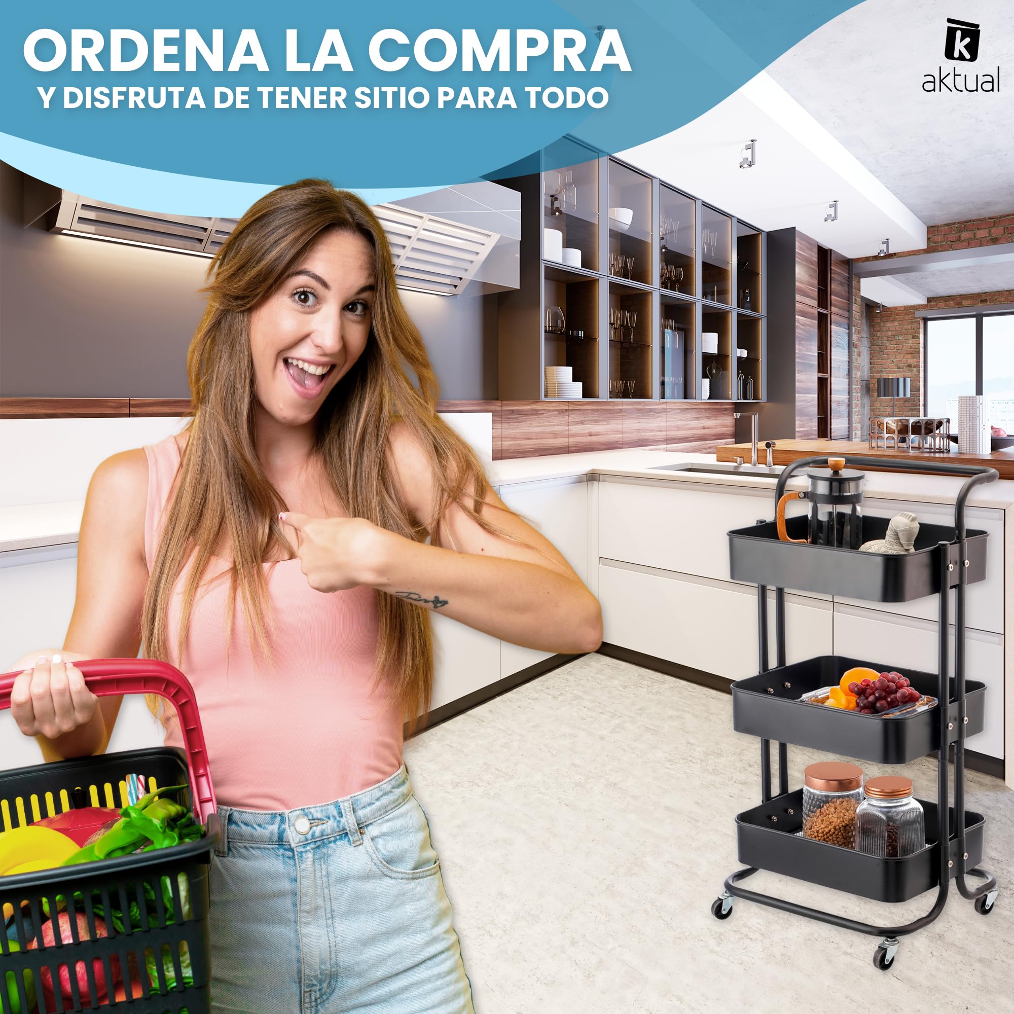 Carrito Auxiliar con Ruedas, Carro Organizador almacenaje con 3 Ganchos, 42x36x86cm. Ideal para baño, Cocina, salón, Oficina y estetica. Color Blanco.