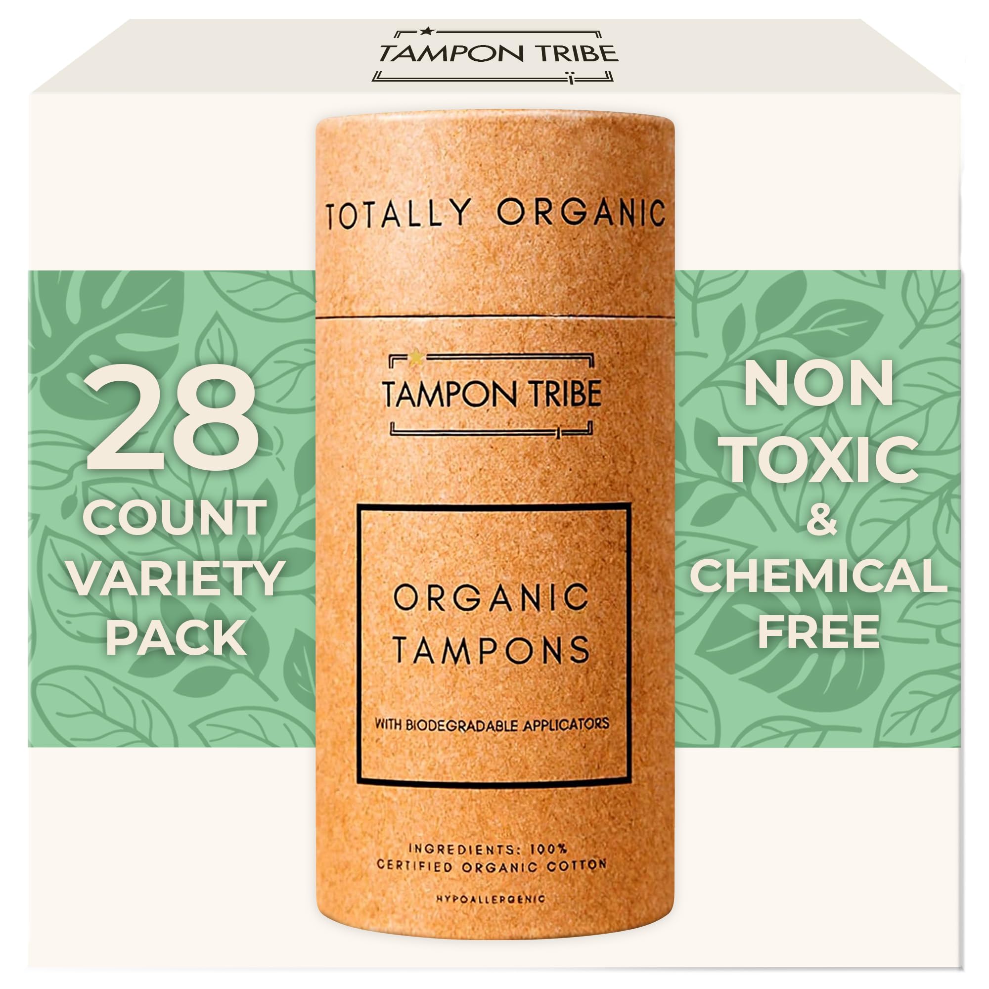 Tampon Tribe Variety Pack Organic Tampons for Women | 28 Non-Toxic Tampons | Natural 100% Organic Cotton, Hypoallergenic, Chemical and Metal-Free with Biodegradable Applicator | (28 Count - Variety)