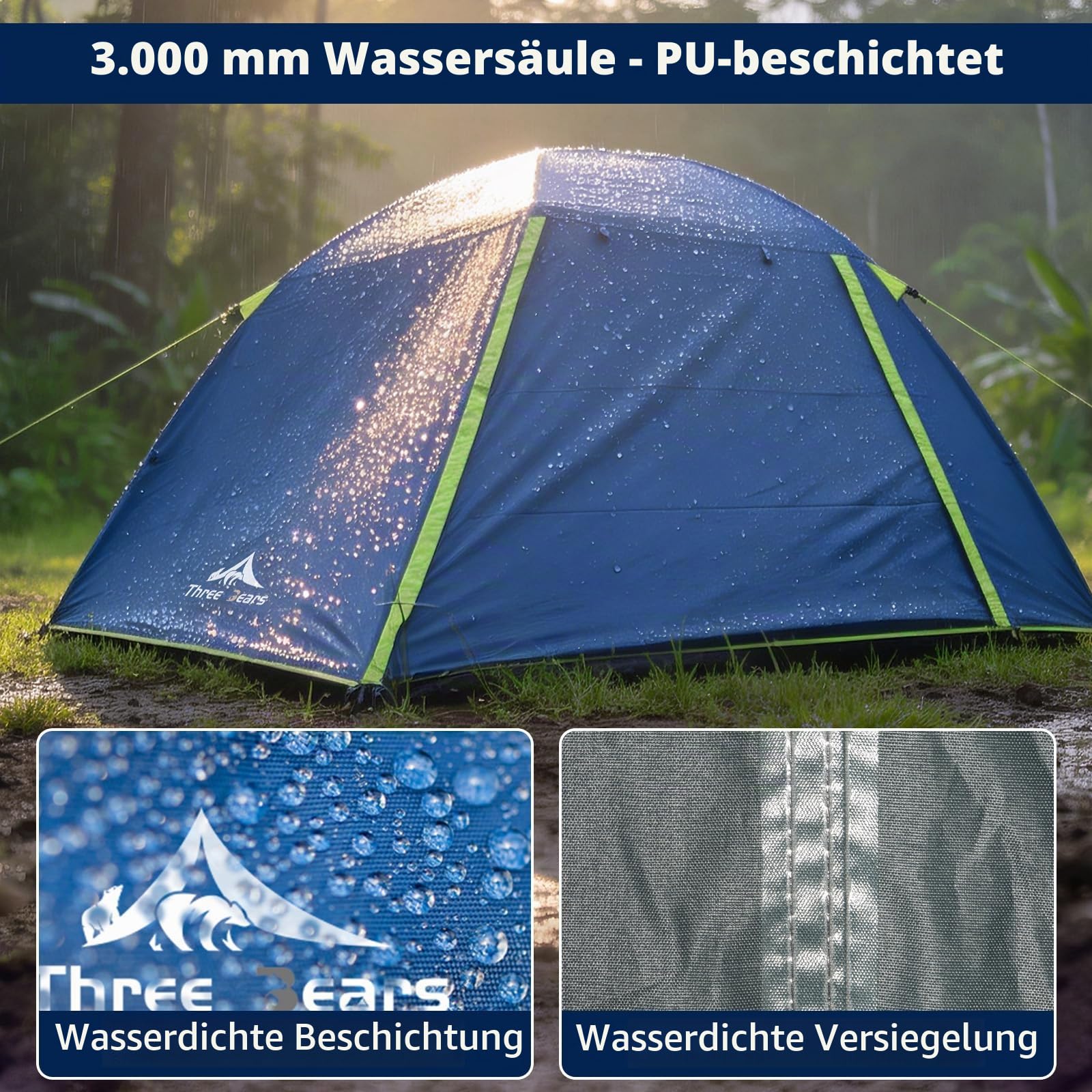 Three Bears Ultraleichtes 2/4-Personen-Rucksackzelt – 3000 mm wasserdicht, sofortiger Aufbau, robust und tragbar für Camping, Wandern und Reisen