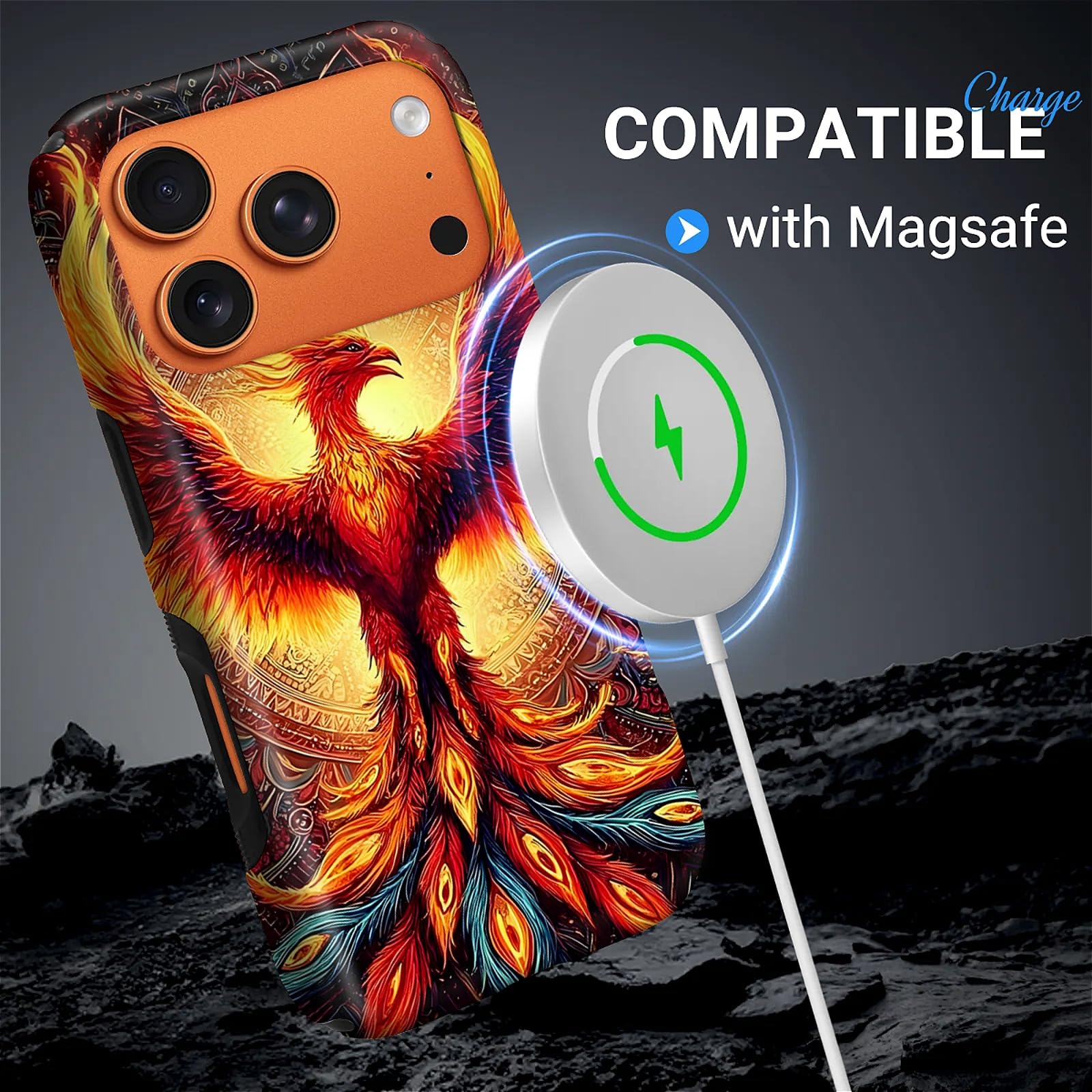 CARLOCA Compatible con iPhone 17 Pro, 2 en 1, de silicona antideslizante, para MagSafe, proporciona una protección completa para iPhone 17 Pro con diseño mítico de mandala renacimiento de fénix