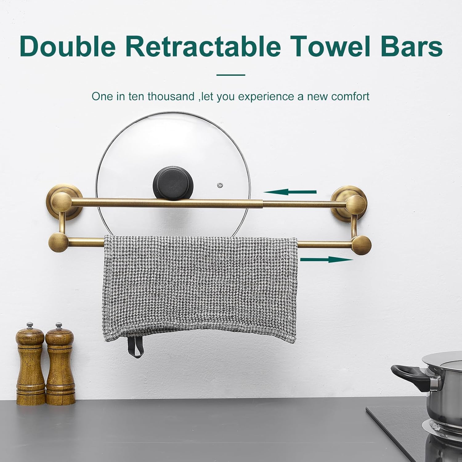 Hoimpro Adjustable Retractable 15-27 Inches Stainless Steel Bathroom Towel Bar, Bathroom Accessories Bath Hotel Double Towel Bar Rod Hanger Wall Mounted Towel Holder Towel Rack, Antique Brass