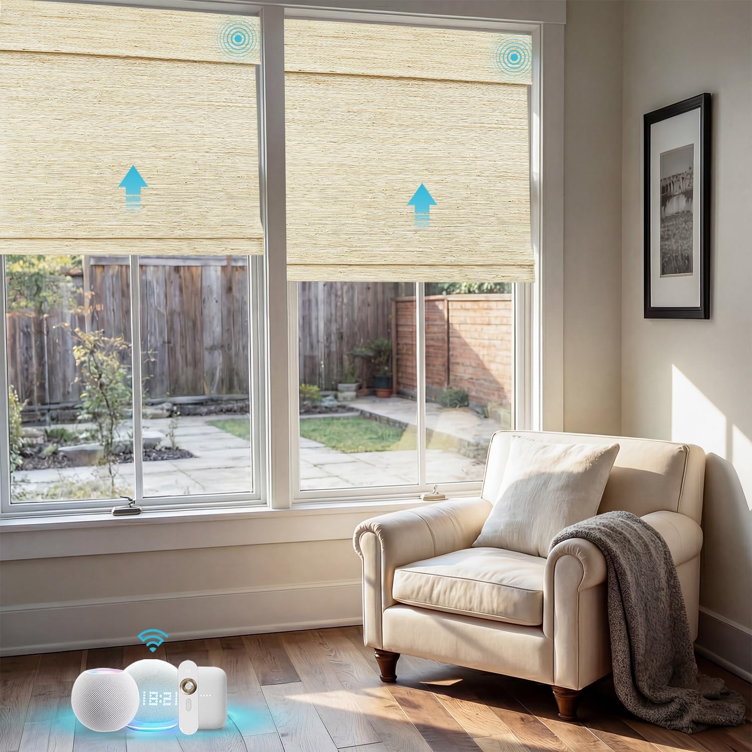 Motorized Bamboo Roman Shades, Motorized Blinds with Remote Compatible with Homekit, Alexa GoogleHome, Smart Wood Woven Shades for Indoor Windows, Customize, Desert Haze