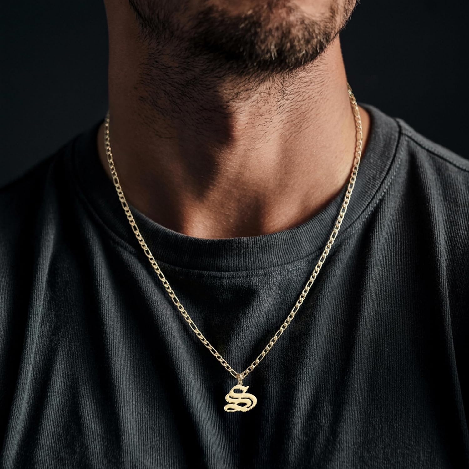 Beleco 14k Gold Plated Initial Pendant Necklace for Men – A-Z Letter Necklace with Figaro Chain, Old English Personalized Gold Alphabet Charm Jewelry
