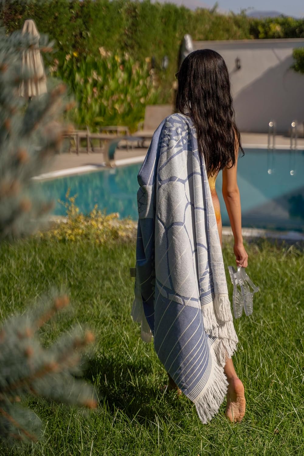 SOFE H&L | LINVIA Foutah Quick Dry Beach Towel Pack of 2 (35” x 70”) CARETTA - Blue | Lightweight, Premium, Fade Resistant, Durable | Travel Towel, Turkish Beach Towel with Shoulder Strap - Image 7