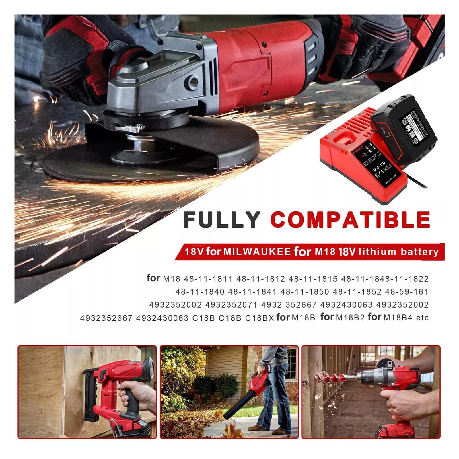 M12-18C Caricabatteria agli ioni di litio compatibile for Milwaukee 12 V 14.4 V 18 V C1418C 48-11-1815/1828/1840 M18 M14 M12 Batteria al litio(UK Plug)