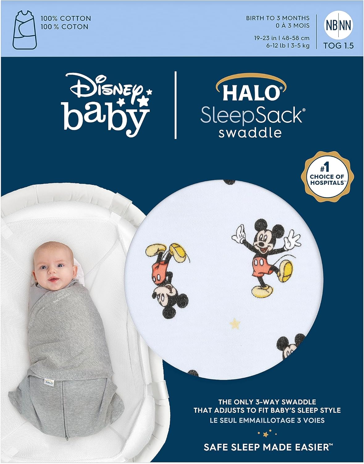 HALO Disney Baby 100% Cotton Sleepsack Swaddle, 3-Way Adjustable Wearable Blanket, TOG 1.5, Mickey Fun, Small, 3-6 Months - Image 2