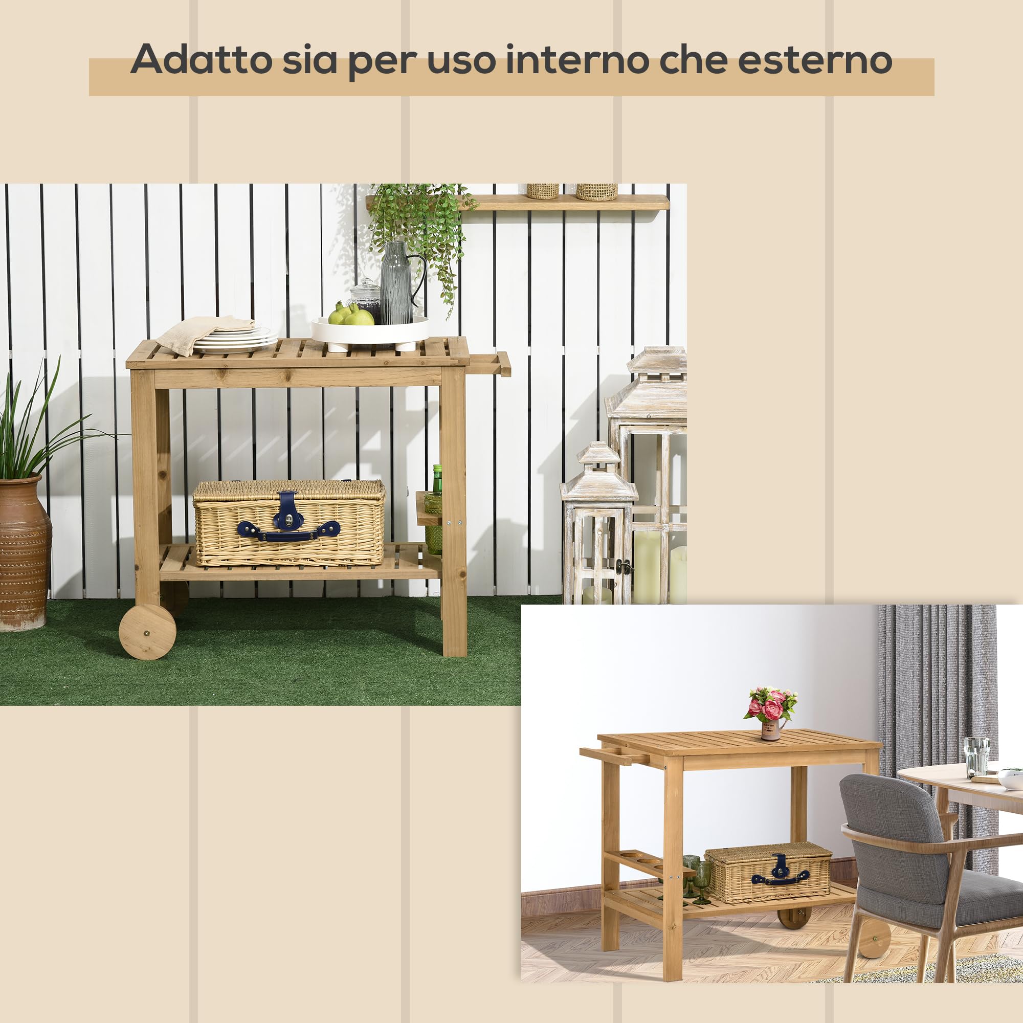 Outsunny Carrello Portavivande da Giardino in Legno di Abete 95x47x74 cm