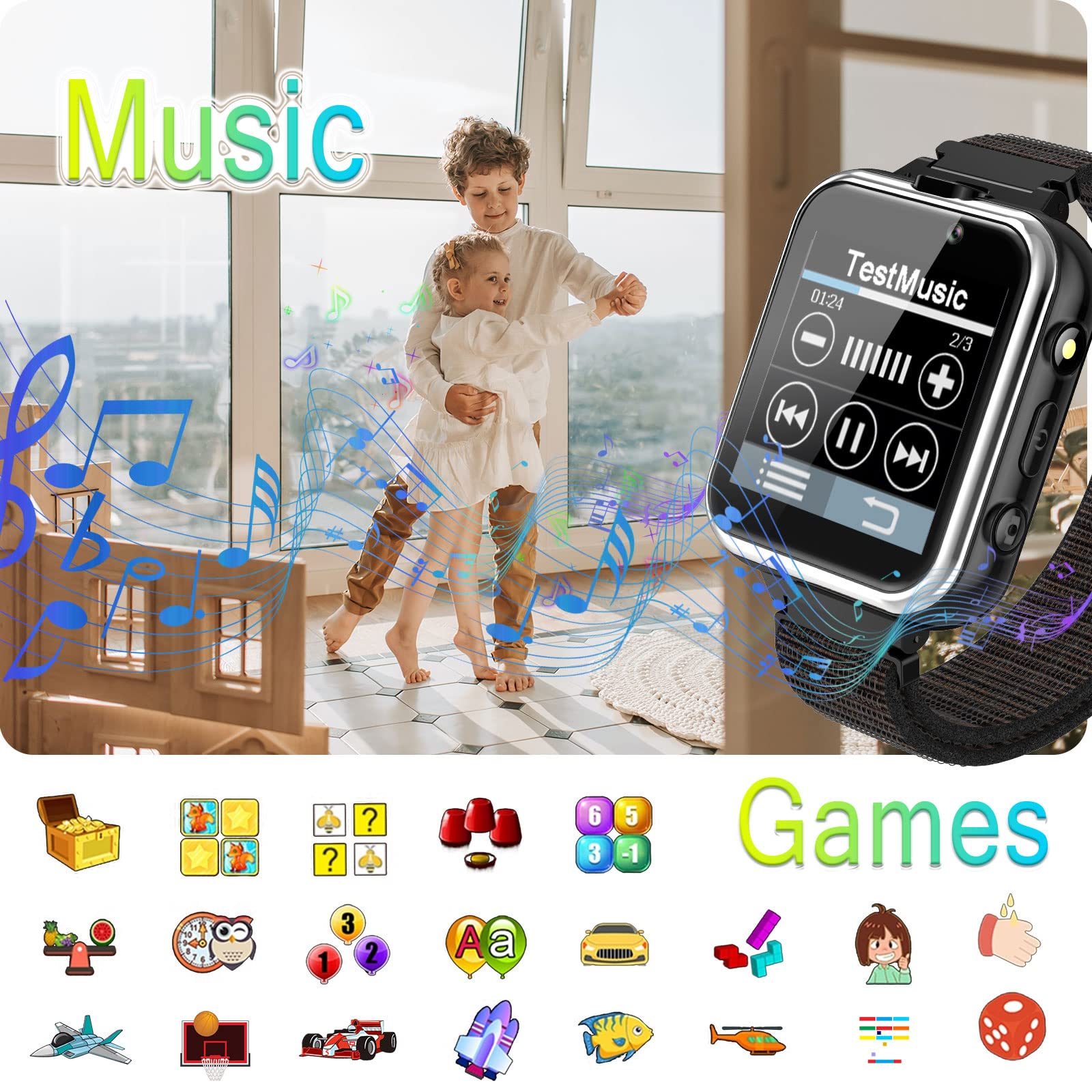 PTHTECHUS Enfants Smartwatch - Enfant SOS Lecteur de Musique Montres Appareil Photo Numérique Téléphone Mobile Montre Cadeau Enfants pour Filles Garçons
