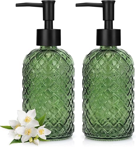 Miniatura 21 de Paquete de 2 dispensadores de jabón de vidrio con bomba de plástico negro, dispensador de jabón líquido de manos de 13 onzas, bomba a prueba de