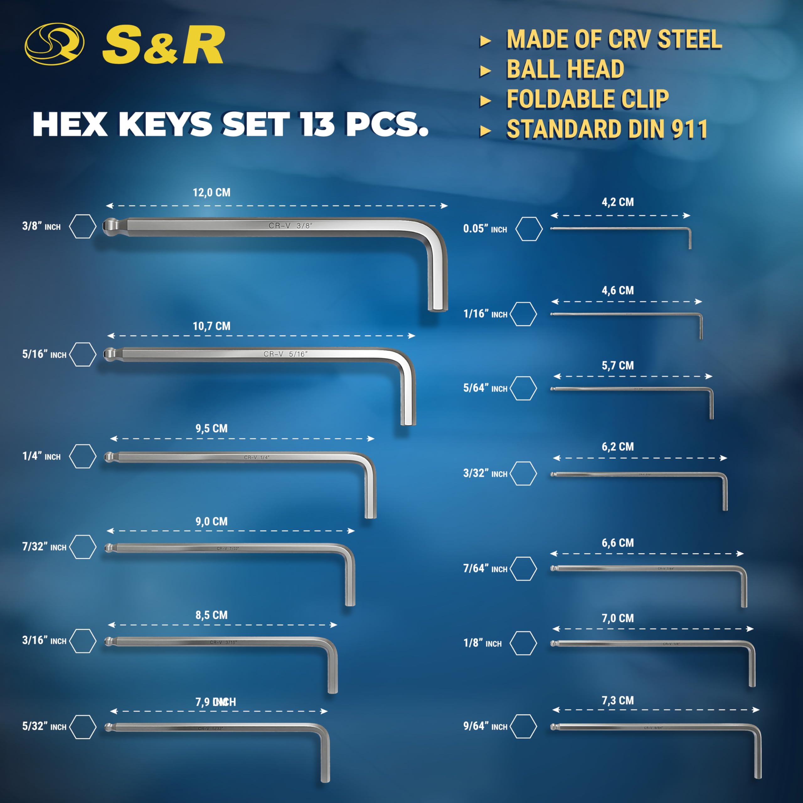 S&R Hex Key Set, 13 pcs - Long Ball End, Imperial Sizes 0.05 to 3/8 Inch, Cr-V Steel, Corrosion-Resistant, in Compact Plastic Clip - Image 2