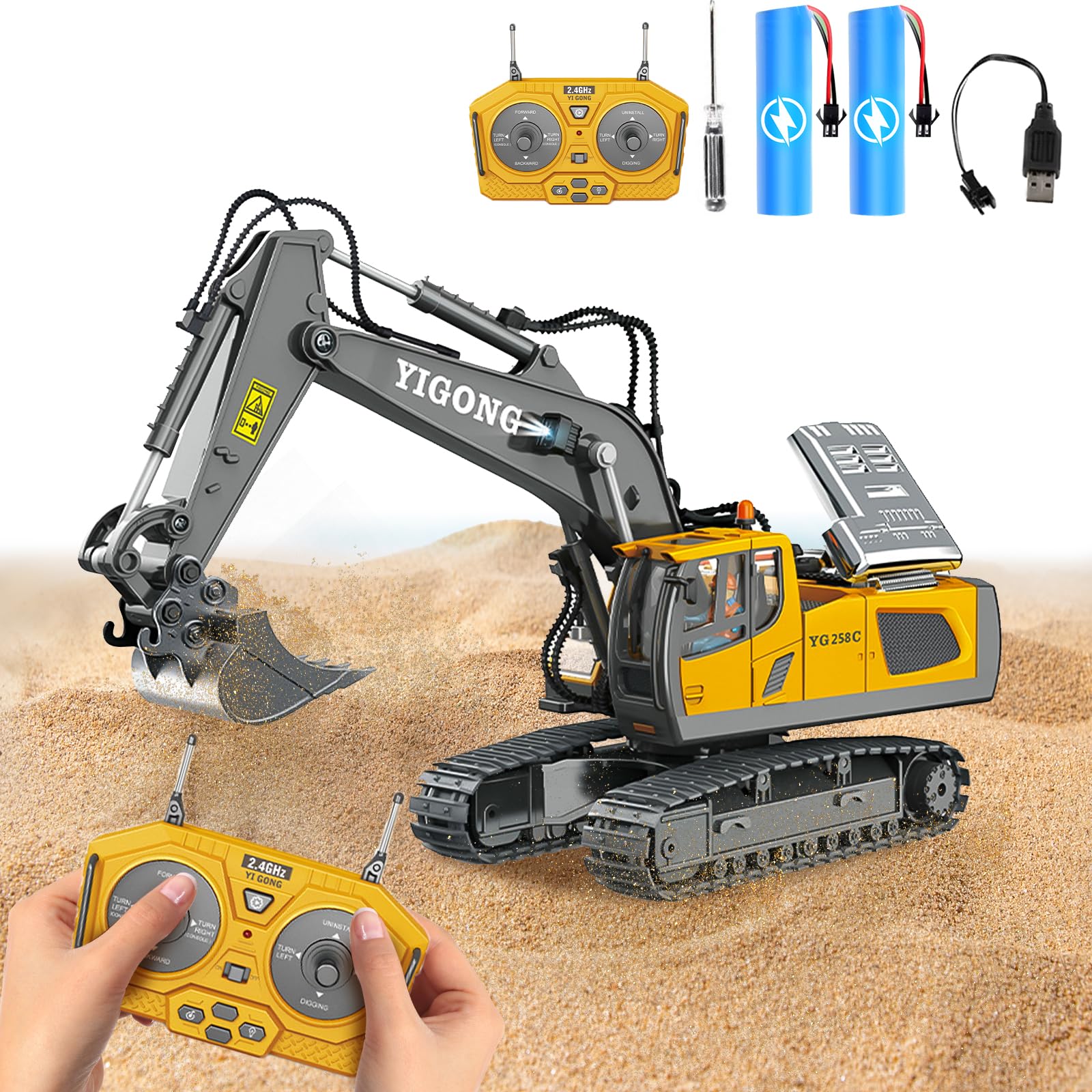 Snovire Remote Control Excavator Toy, RC Construction Digger toys with Light & Sound, 2.4 GHz, 1:24 Scale Miniature
