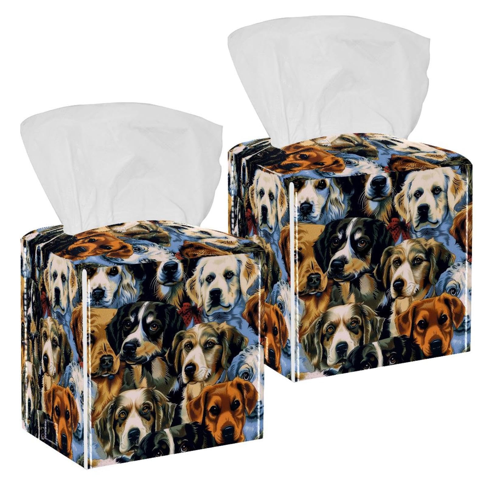 Cartoon Dogs Tissue Box Cover, 2 Pack PU Leather Square Facial Tissue Dispenser Box holder for Home Office Car
