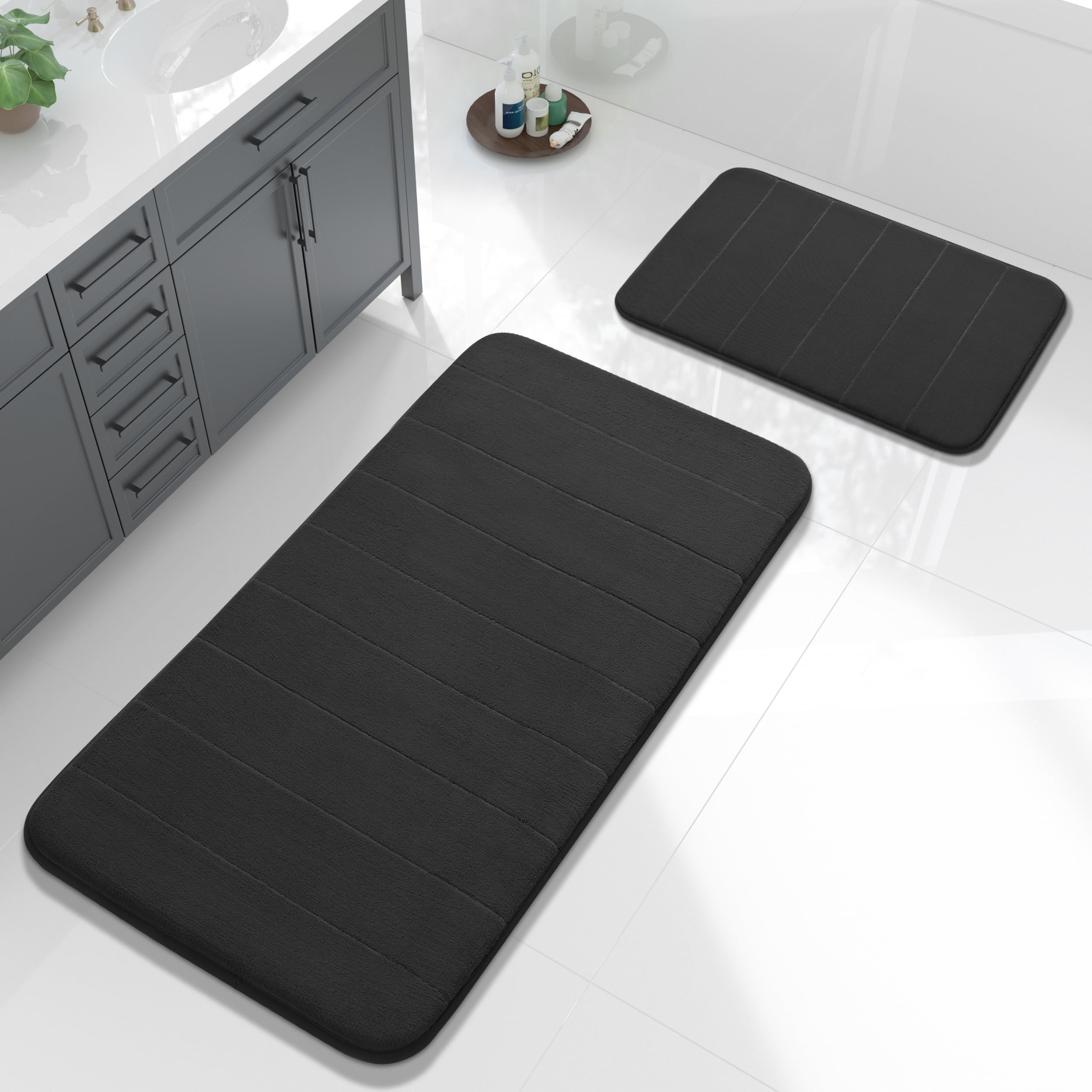 Large Bath Mat Set 2 Piece- Super Soft Absorbent Quick Dry Memory Foam Bathroom Rugs, Machine Washable Non Slip Floor Carpet for Tub Shower & Double Vanity (17x24 & 44x24, Black)