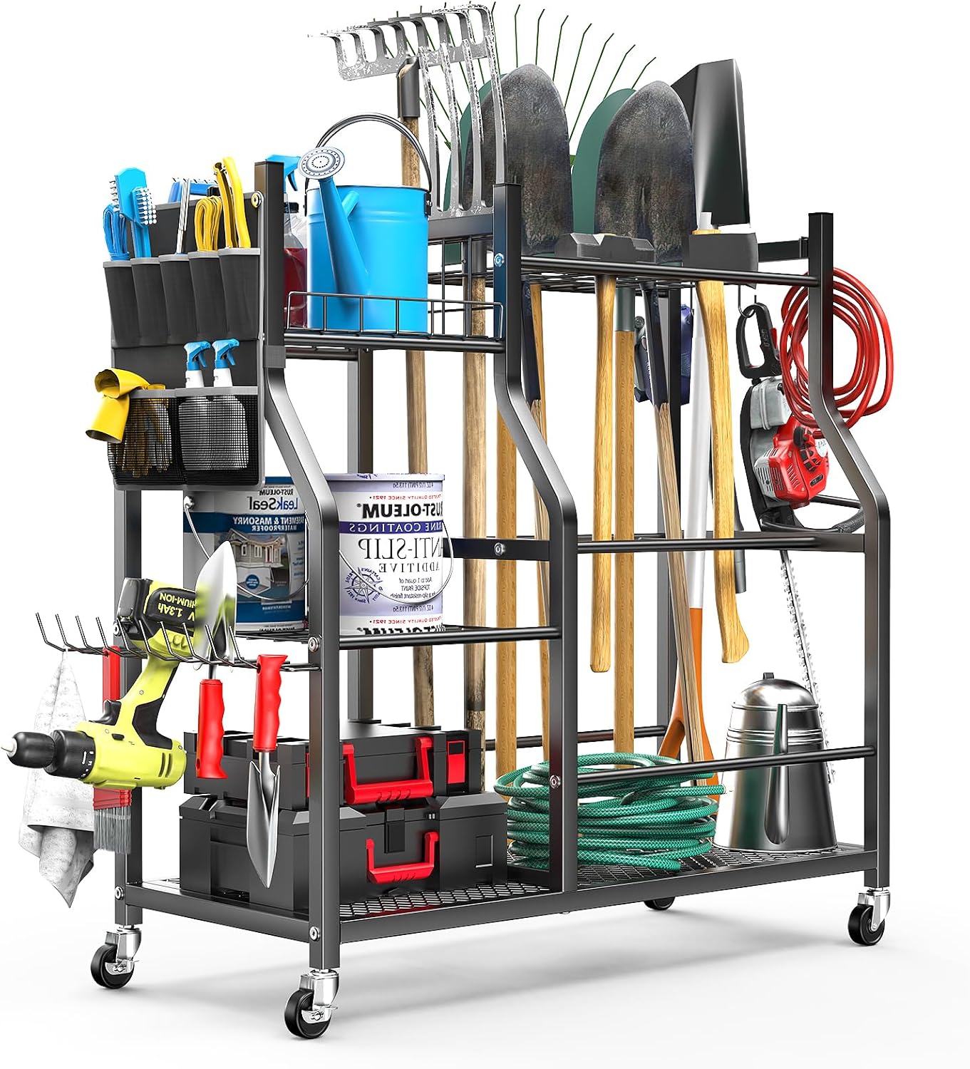 36" Large Garden Tool Organizer with Wheels & Side Tool Bag, 3 Tier Rolling Garage Storage Rack for Long Handled Rakes, Shovels, Brooms, Freestanding Yard Tools Cart for Shed & Outdoors