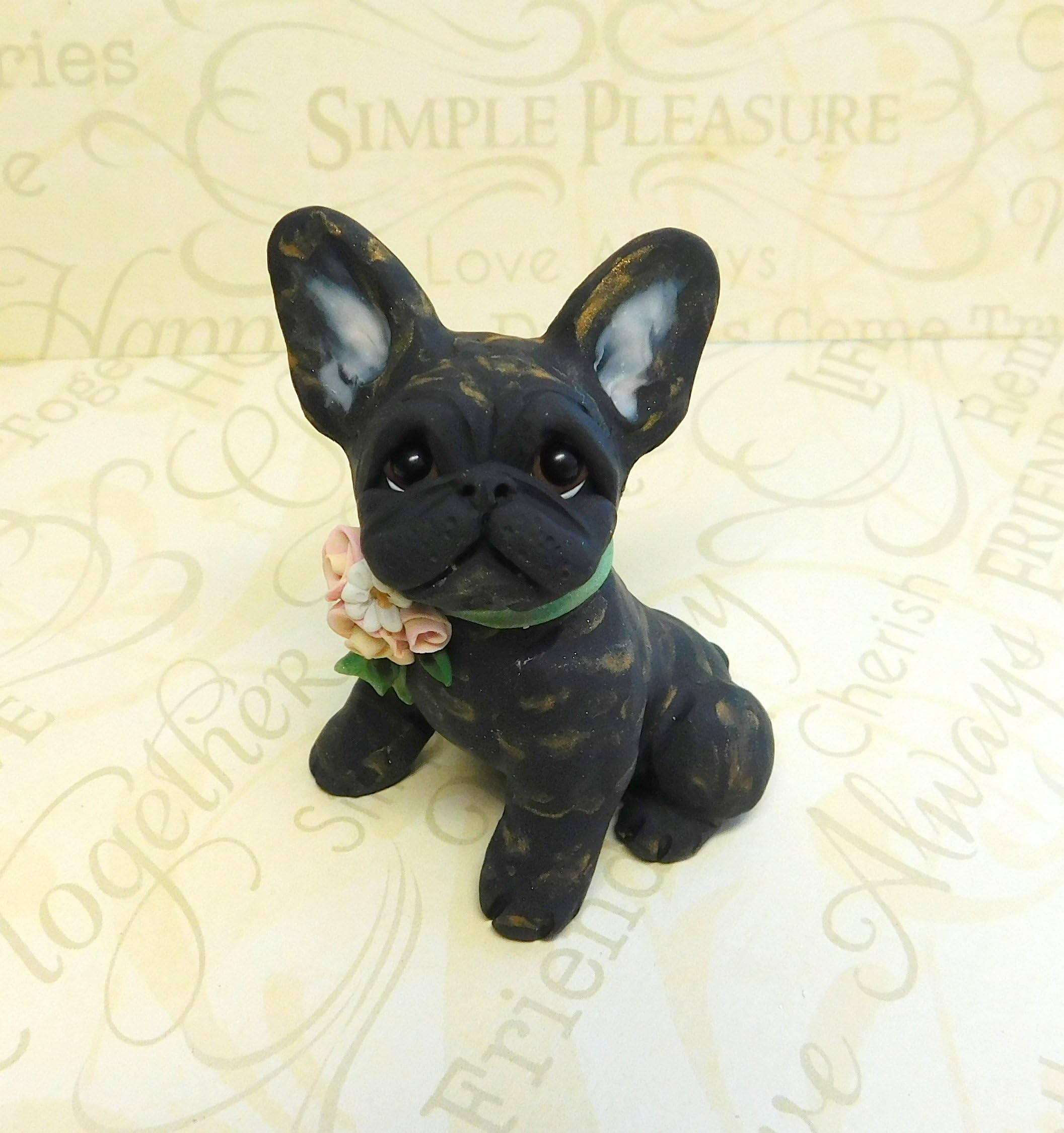 Brindle French Bulldog with Beautiful Flowers collar, Frenchie art Sculpture Polymer Clay by Raquel at theWRC Dog Collectible