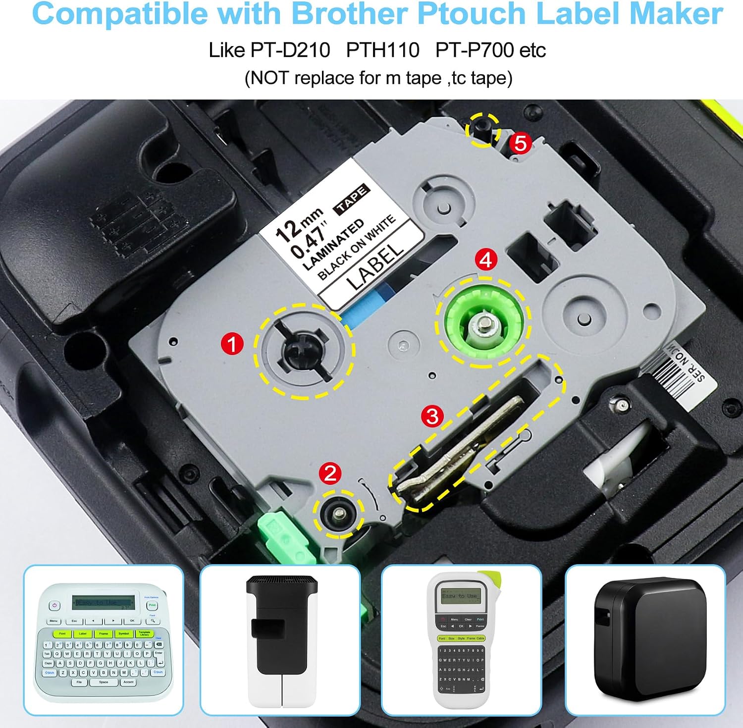 TITBIT 6 Pack TZe Colored Label Maker Tape Replacement for Brother P Touch Label Maker Tape Refill TZe-231 TZe 131 431 531 631 731 TZ Tape 12mm 0.47 Laminated Color for P-Touch PTD210 PTD400 PT-H100