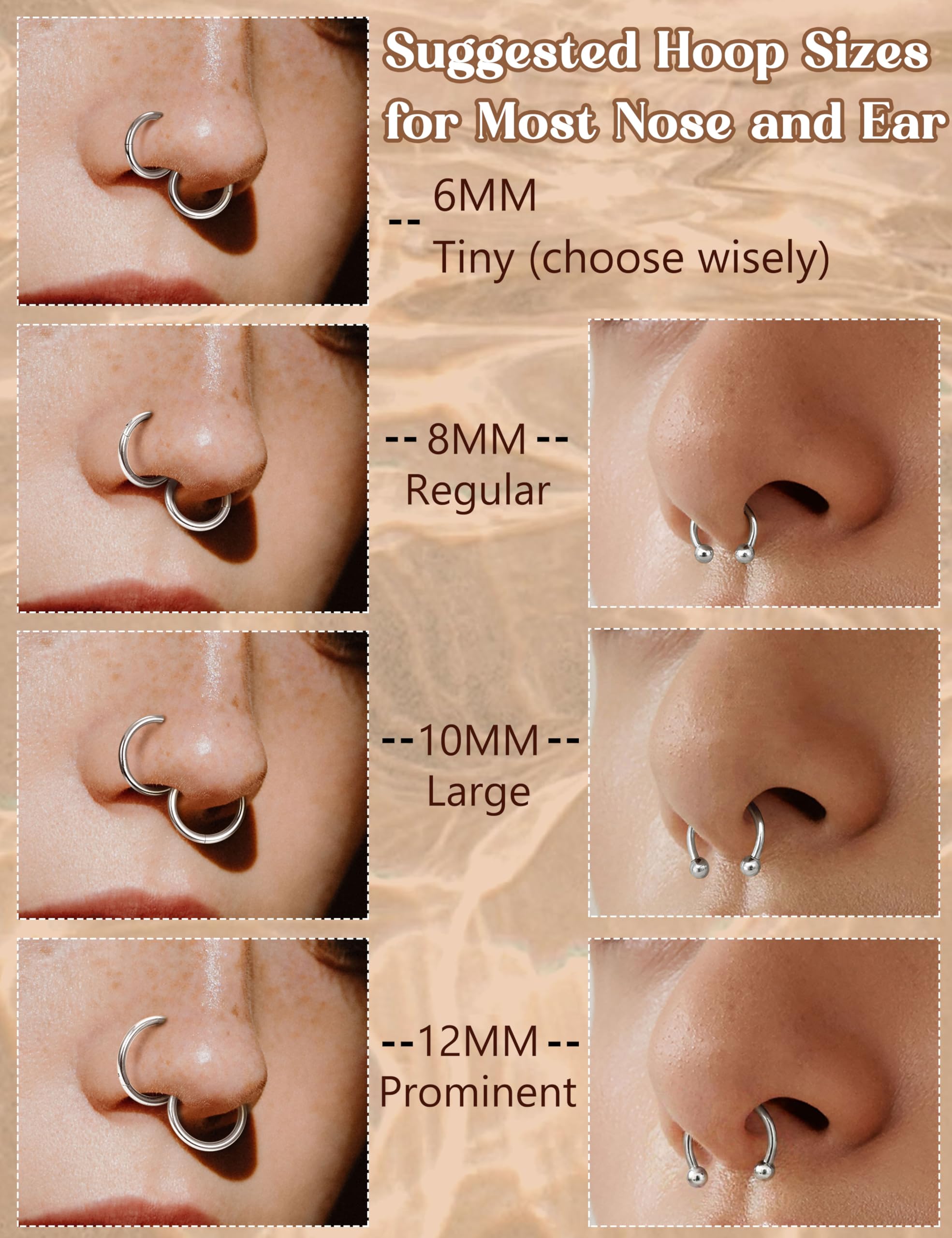 JeweBella 16 Piezas Aro Piercing Nariz Acero Quirúrgico Cartílago Segmento Clicker Anillos 6-12 mm