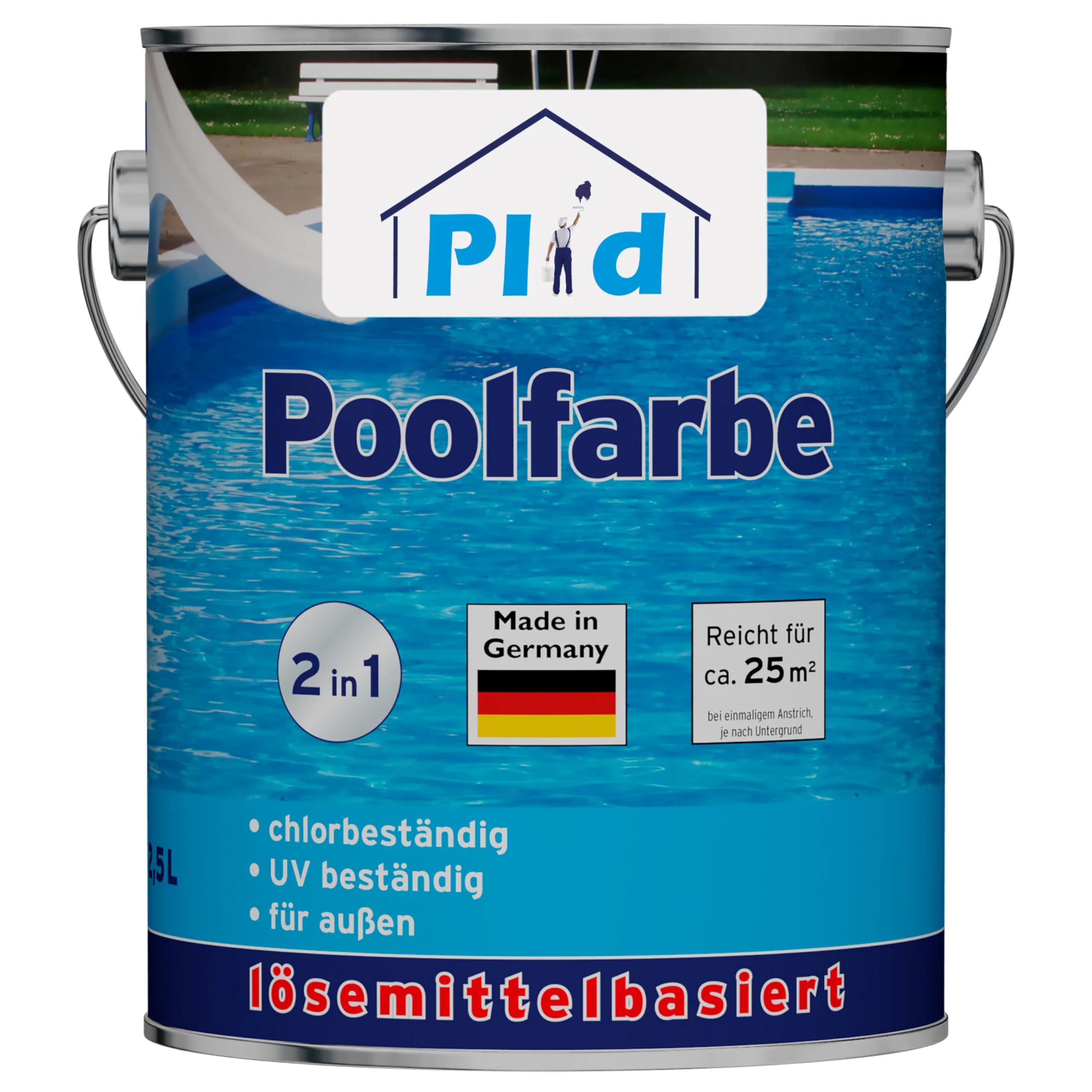 Plid® Beton Poolfarbe Poolblau seidenglänzend 2,5l - Schwimmbeckenfarbe chemiekalienbeständig - Unterwasserfarbe schnelltrocknend & kratzfest - hohe Farb- und Glanzstabilität Made in Germany