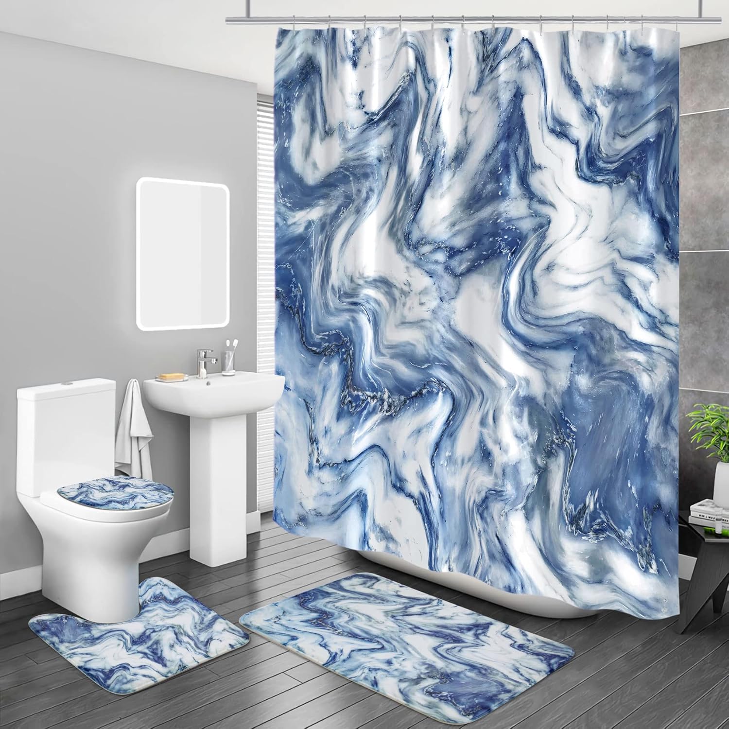 MitoVilla 4 Pcs Brown Marble Shower Curtain Sets with Rugs, Tan Bathroom Decor Sets with Shower Curtain and Rugs and Accessories, Modern Bathroom Curtain Sets with Mats