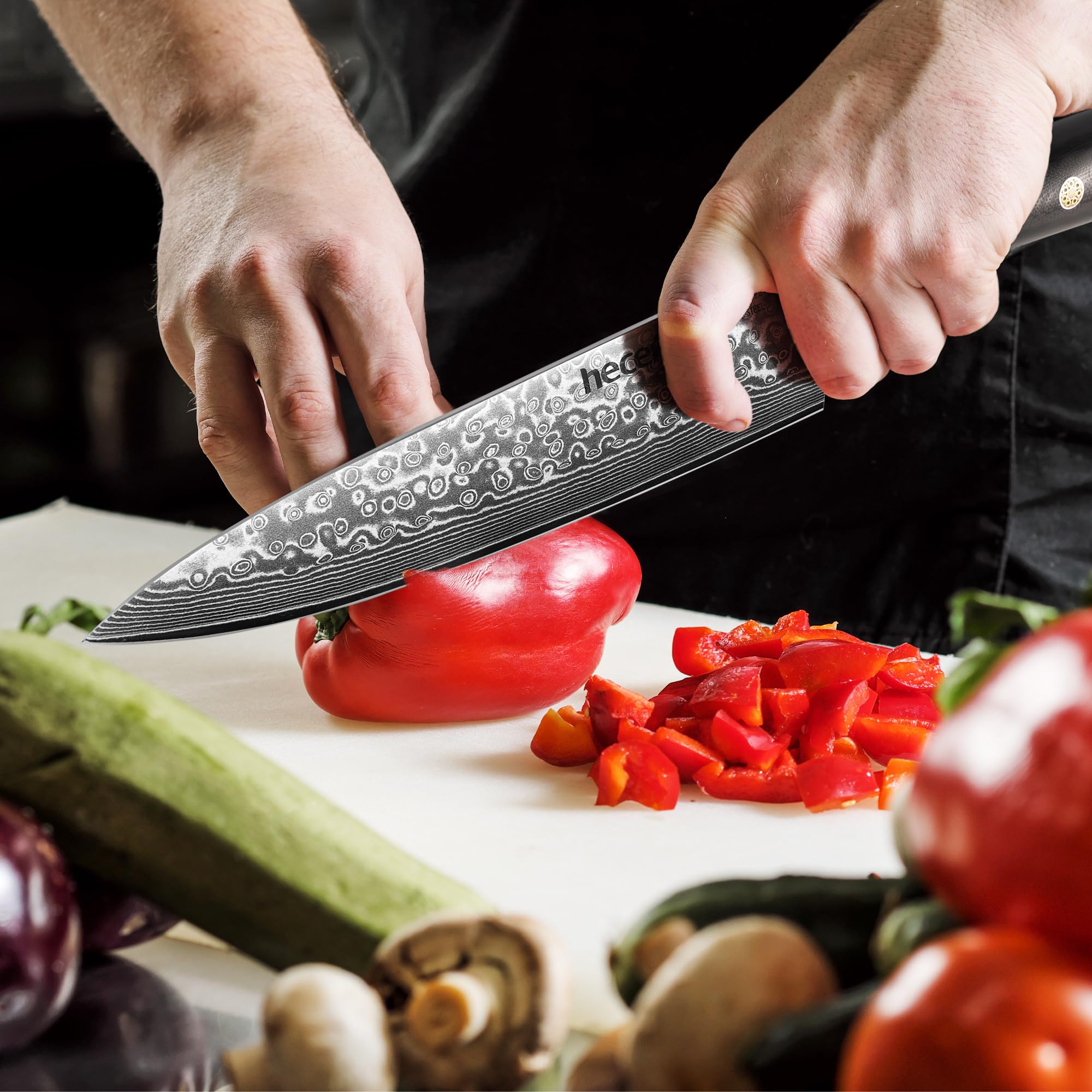 hecef Cuchillo Damasco, Cuchillo Japones Profesional con Mango Ergonómico G10, 67 Capas Cuchillo Acero Damasco con Protector de Hoja, 20 cm Cuchillo Chef, Regalo para Chef y Amantes de la Cocina