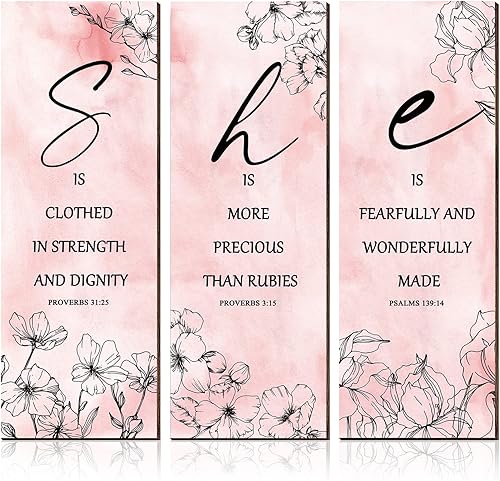 Qunclay 3 piezas de flores rosas inspiradoras decoración de pared, regalo de arte de madera motivacional colgante citas cristianas decoración floral