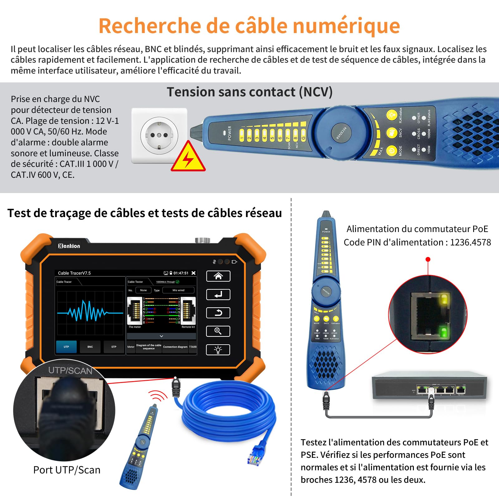 Henkion Testeur de vidéosurveillance IPC-1910C Plus, Moniteur Tactile 4 Pouces, Test Caméras IP 8K 32MP et 4K 8MP TVI CVI AHD CVBS, CCTV Tester Support POE PTZ WiFi RS485 avec Traceur de Câbles